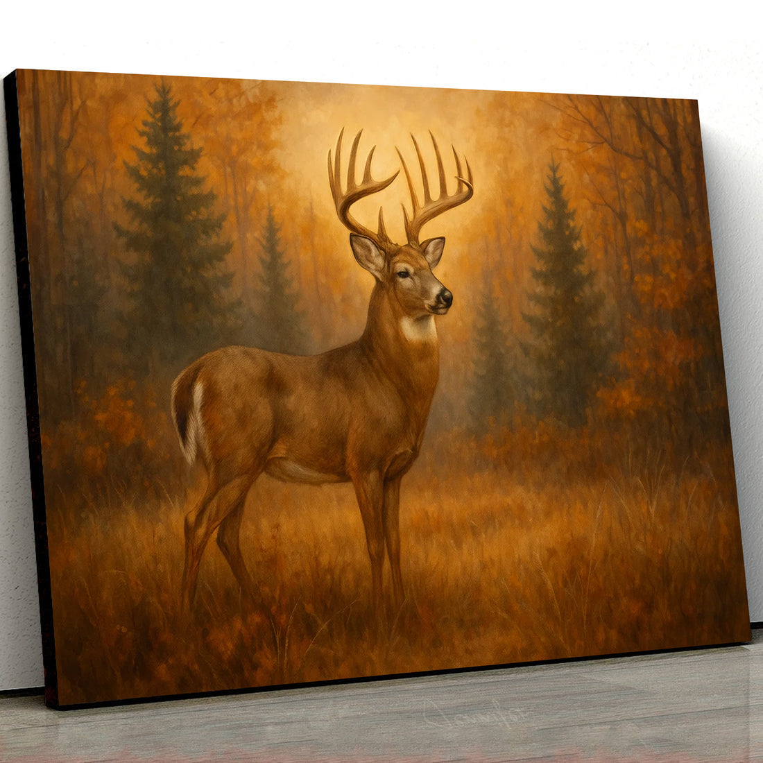 Deer In Autumn Forest Wall Art Canvas – Majestic Buck Hunting Cabin & Lodge Decor