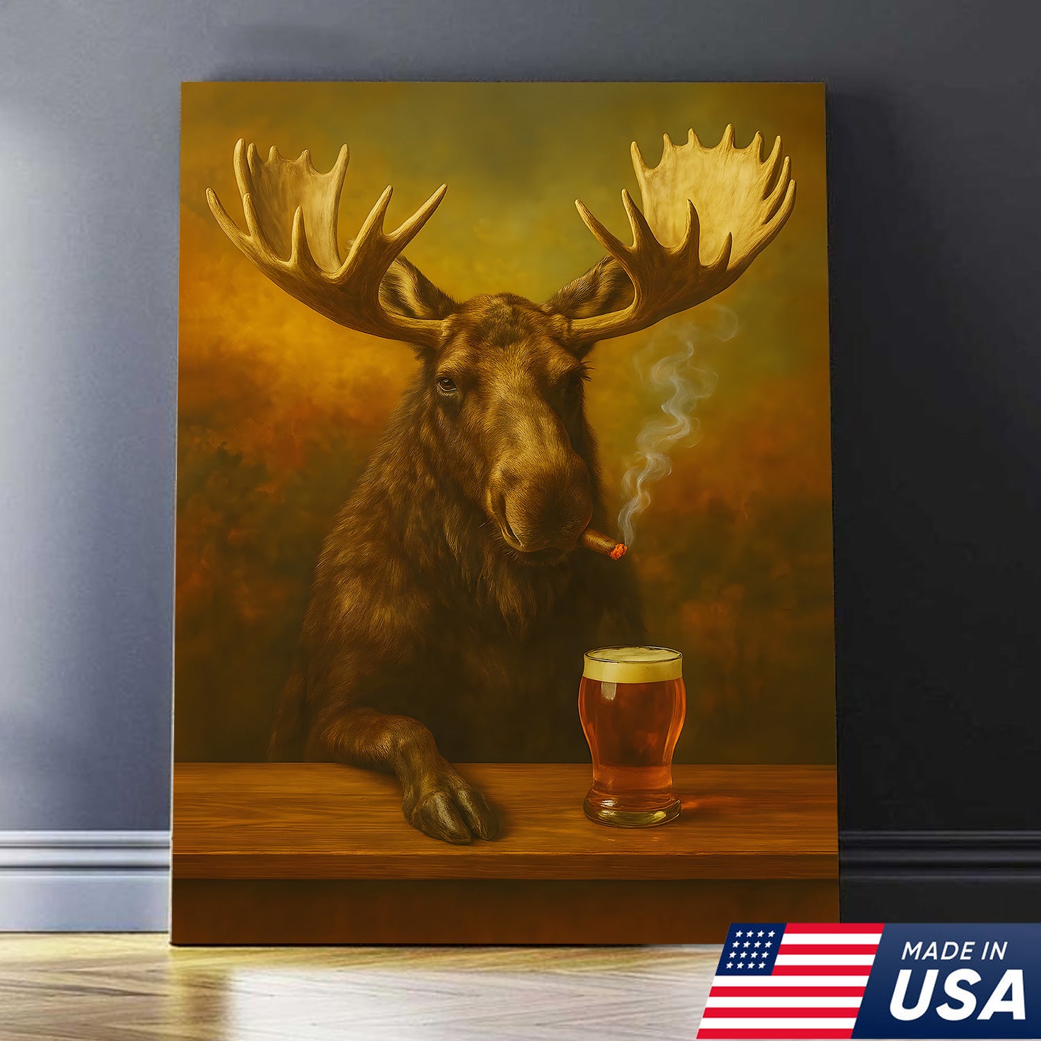 Moose Smoking & Drinking Canvas - Rustic Bar Wall Art Hunting Lodge & Man Cave Decor