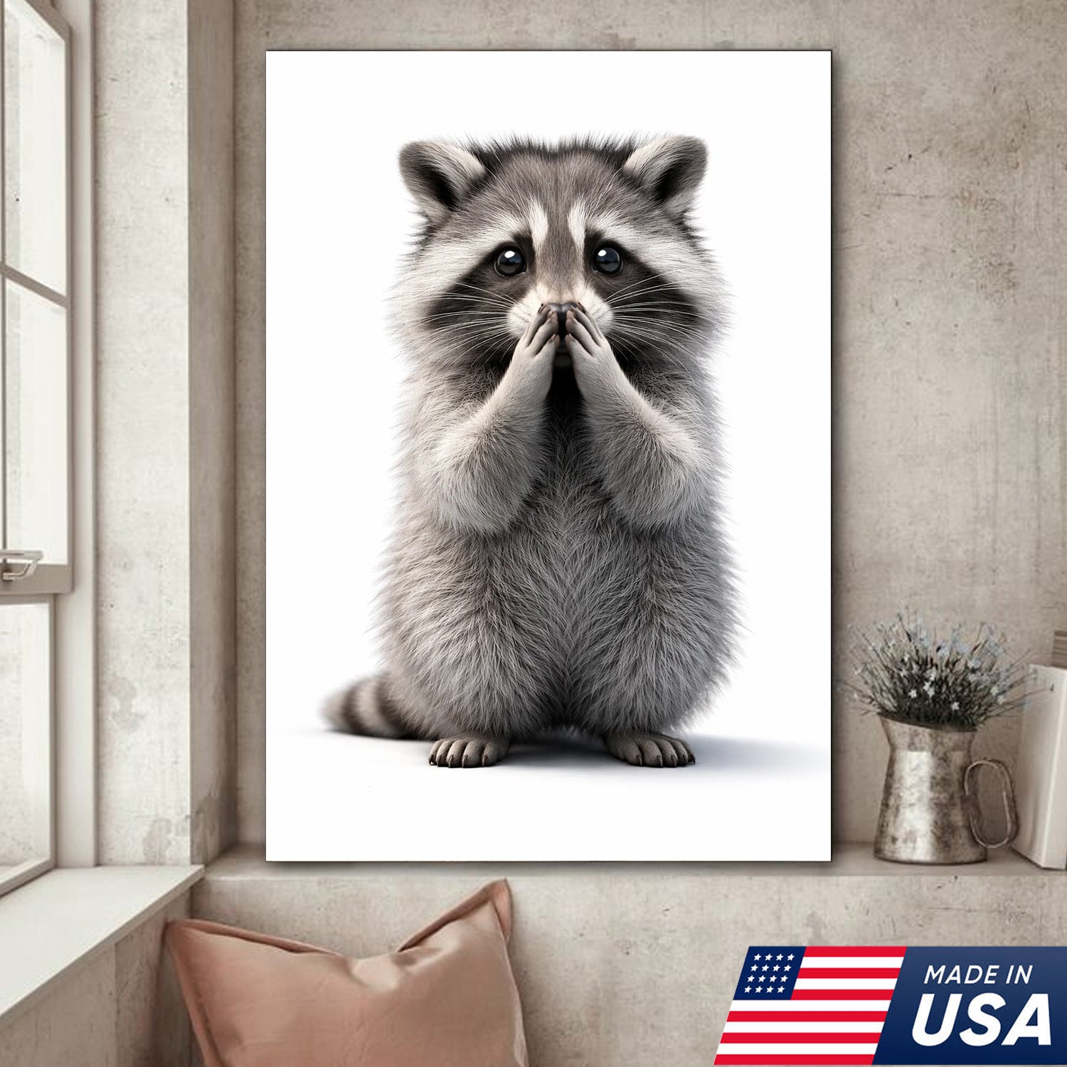 Funny Raccoon Wall Art Canvas Set, Cute Animal Bathroom Humor Triptych Print