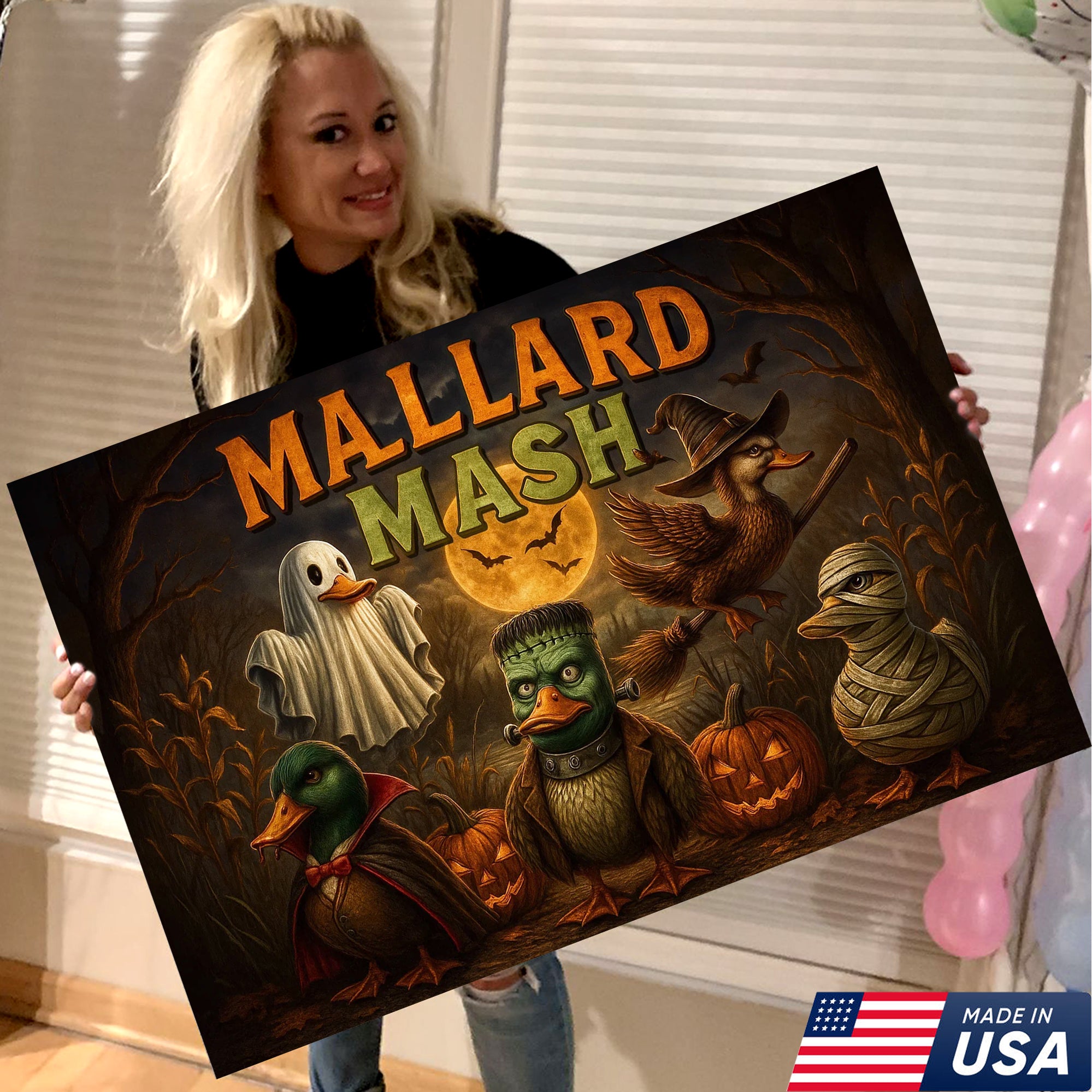 Mallard Mash Halloween Canvas Wall Art – Funny Ducks in Costumes with Pumpkins and Full Moon Decor