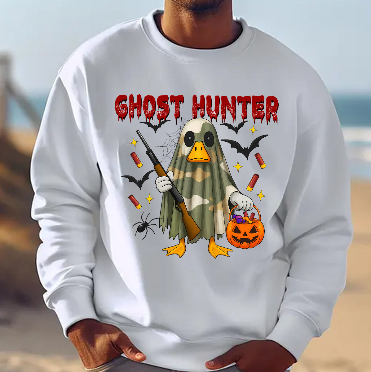 Spooky Duck Hunter T-Shirt – Camo Ghost with Pumpkin & Gun – Halloween Gift