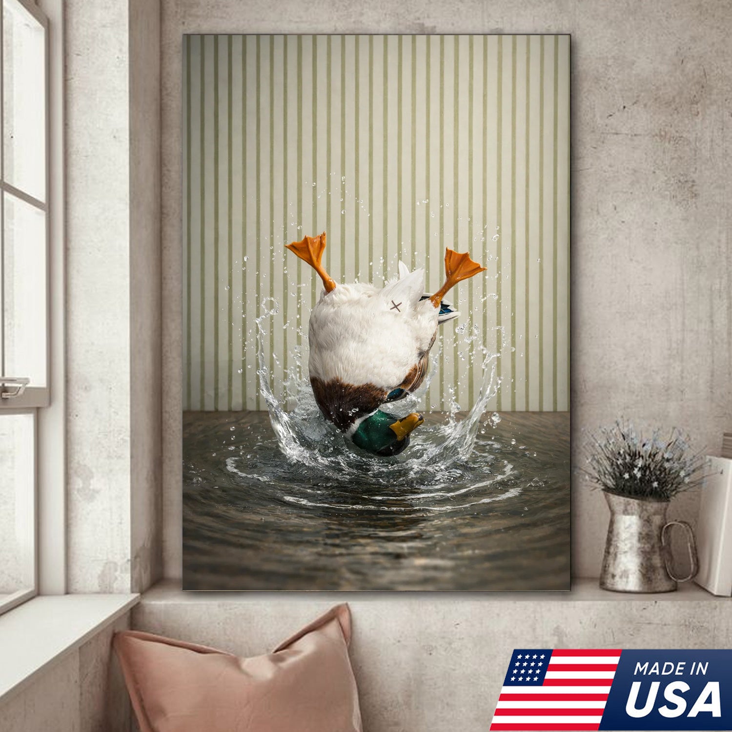 Funny Duck Wall Art Canvas Set, Whimsical Mallard Animal Triptych Print