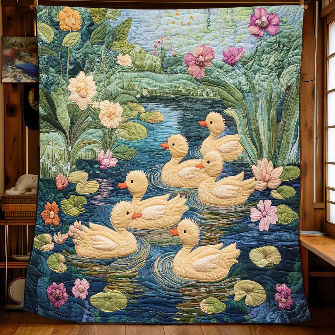 Adorable Swimming Ducks Quilt Blanket