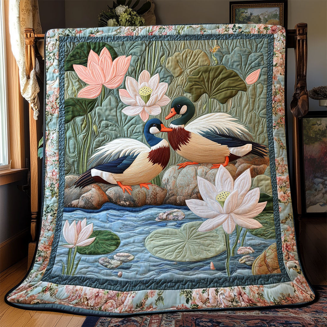 Lotus Mandarin Duck Cozy Retreat Quilt Blanket