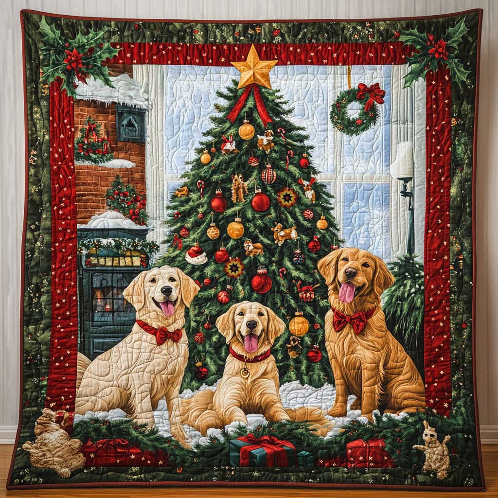 Christmas Family Golden Retriever Quilt Blanket