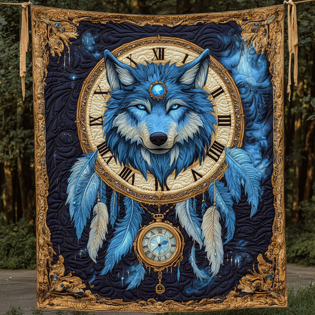 Blue Wolf Dreamcatcher Clock Quilt Blanket