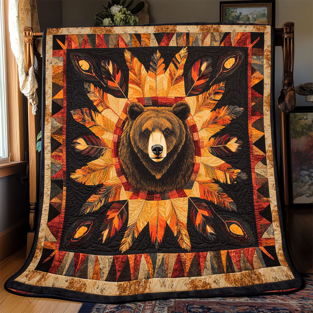 Bear Native American Golden Forest Quilt Blanket