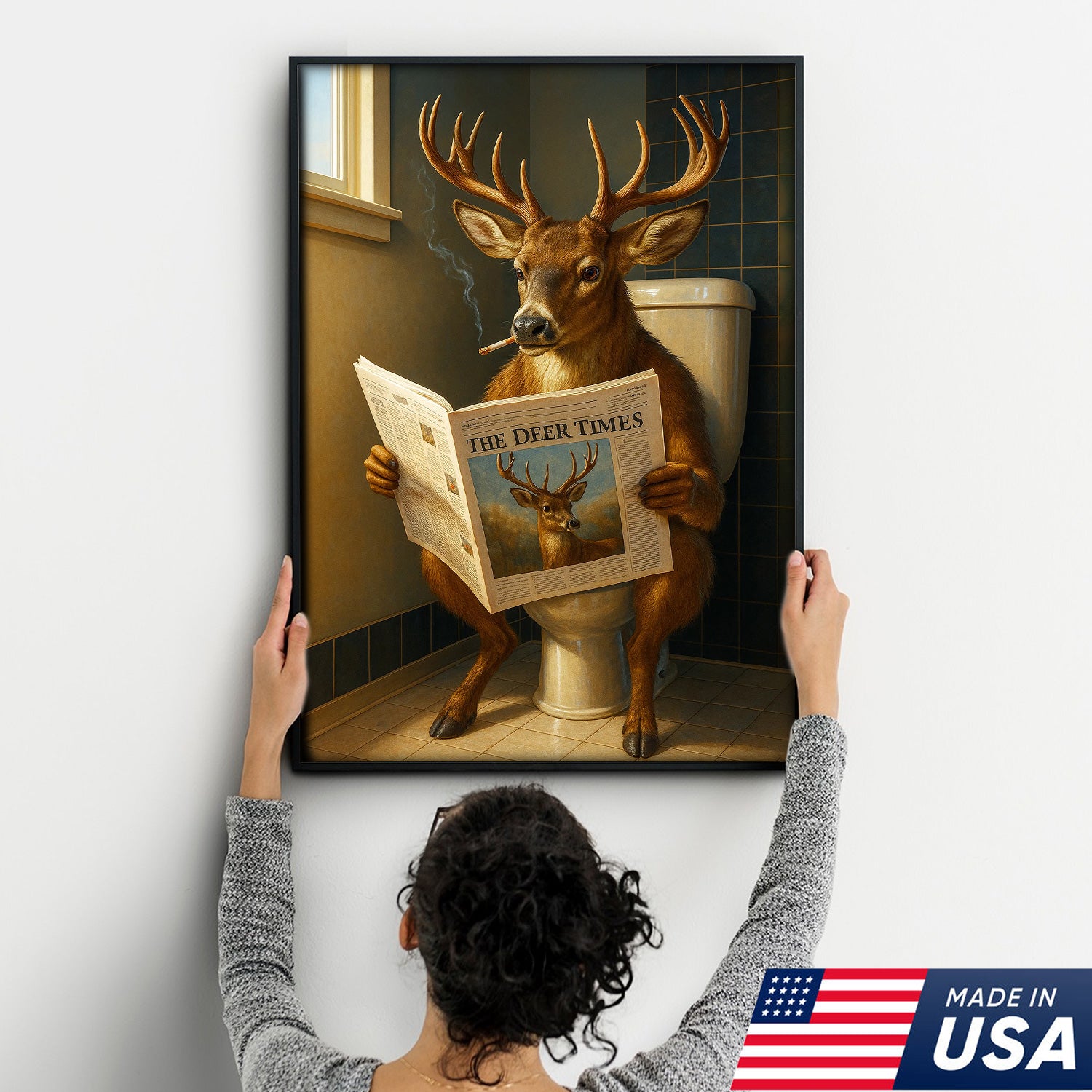 Funny Deer Canvas Wall Art – Buck Reading Newspaper on Toilet – Whitetail Deer Bathroom Humor Hunting Lodge Decor