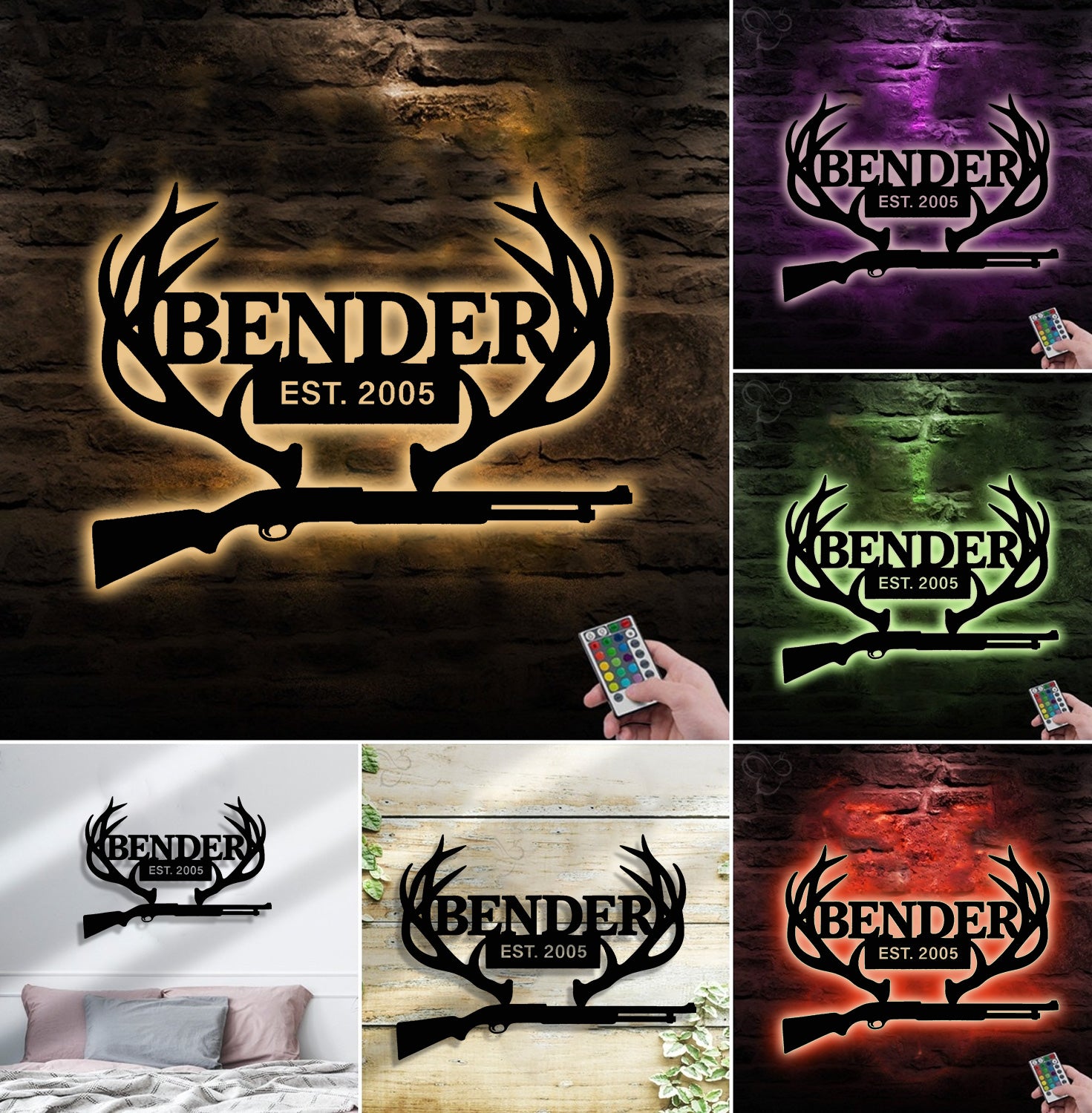 Personalized Metal Sign WITH LED/WITHOUT LED – Deer Antler Hunting Wall Decor with Rifle – Custom Rustic Cabin Sign for Hunters