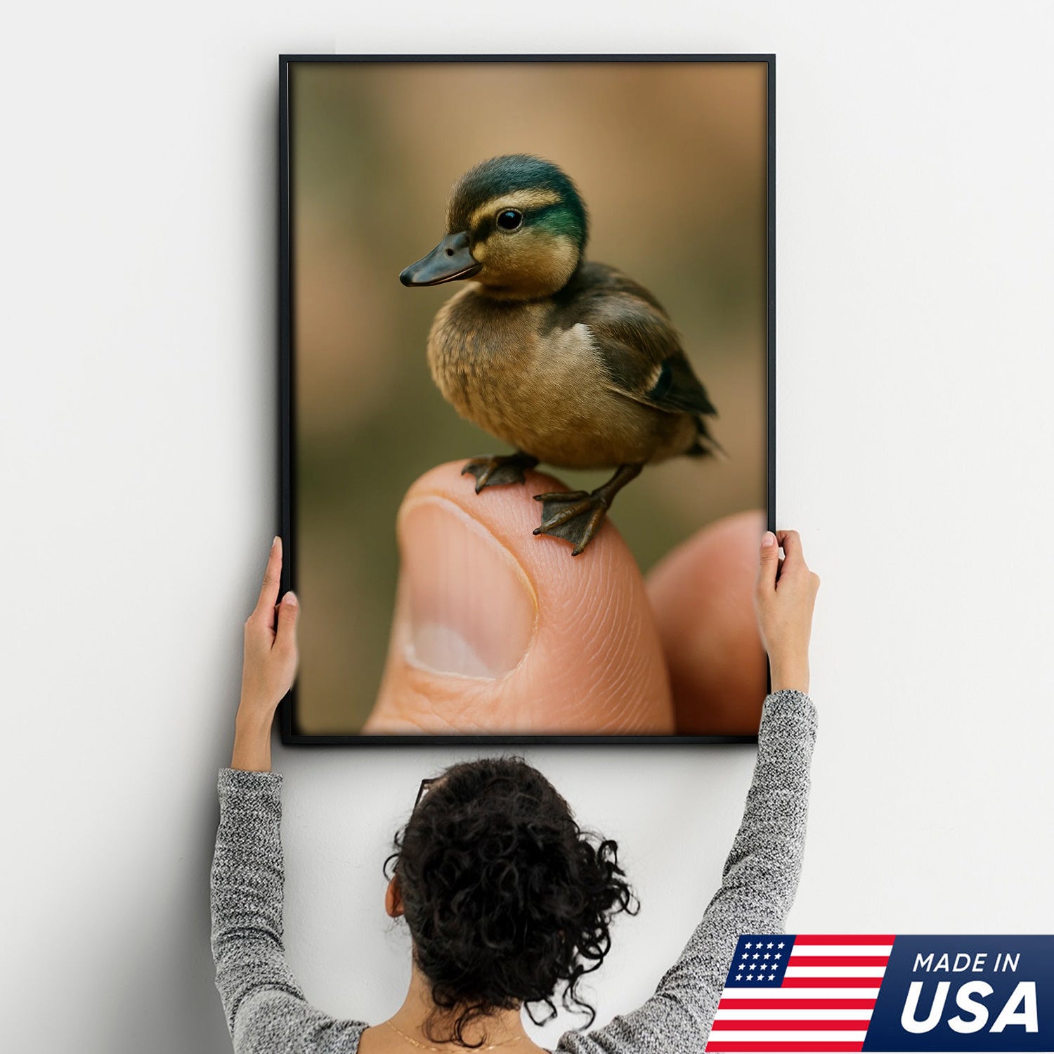 Cute Baby Duck Canvas Wall Art - Adorable Duckling Perched on Finger - Nature Wildlife Artwork for Home Decor