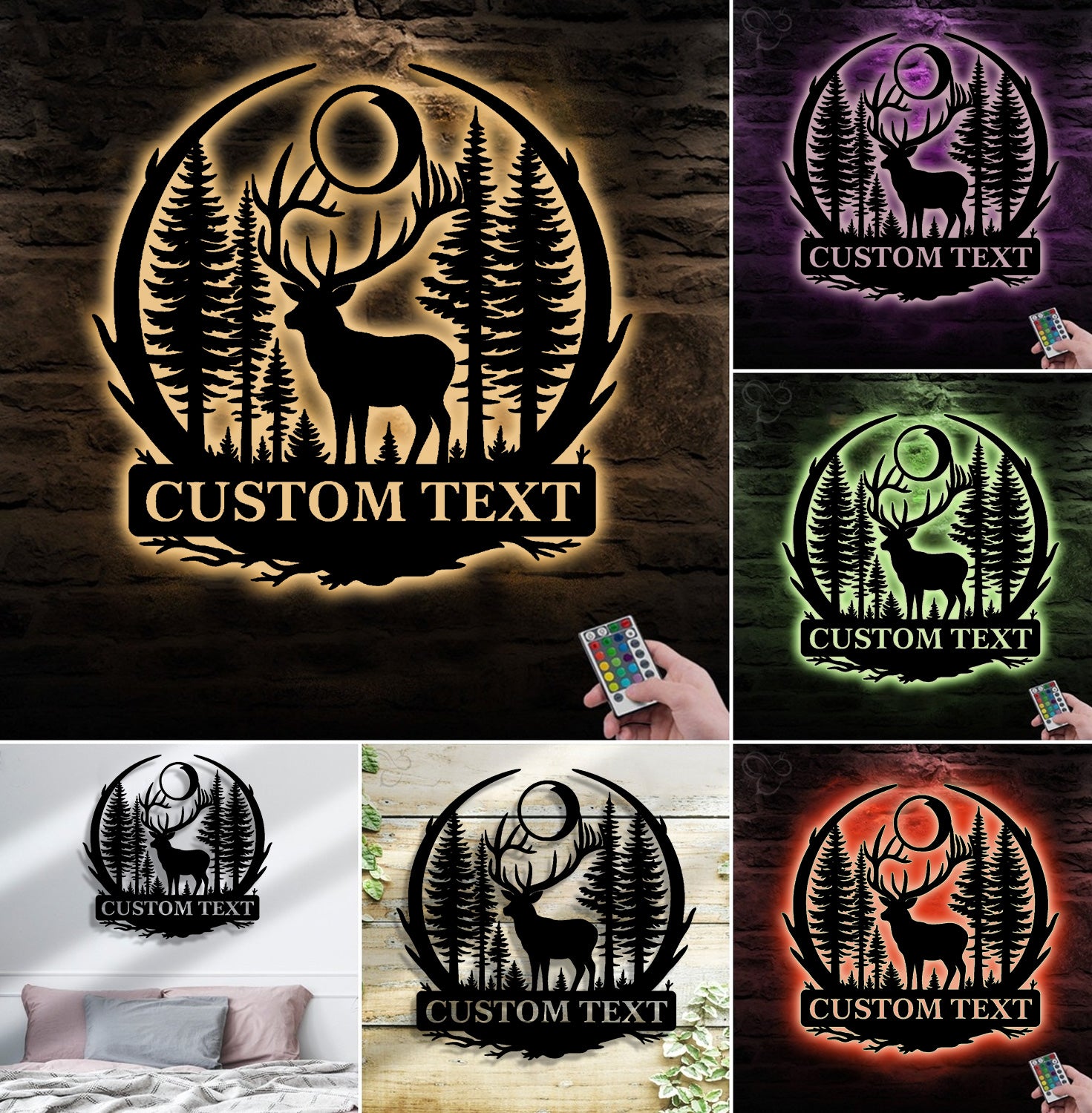 Personalized Metal Sign WITH LED/WITHOUT LED – Deer and Forest Silhouette Wall Art – Custom Rustic Cabin and Lodge Hunting Decor