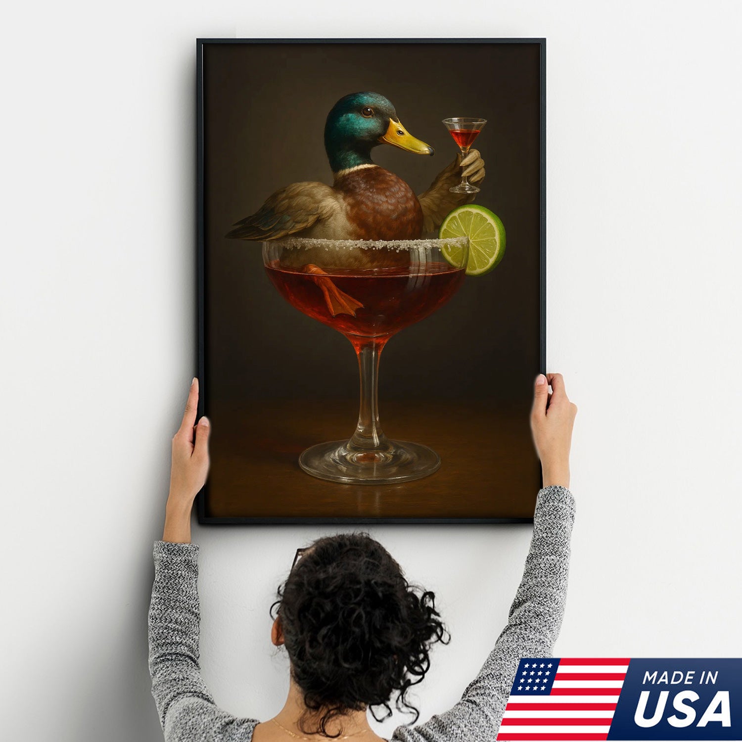 Funny Mallard Duck Canvas Wall Art - Quirky Animal in Cocktail Glass Design - Unique Wildlife Artwork for Home Decor