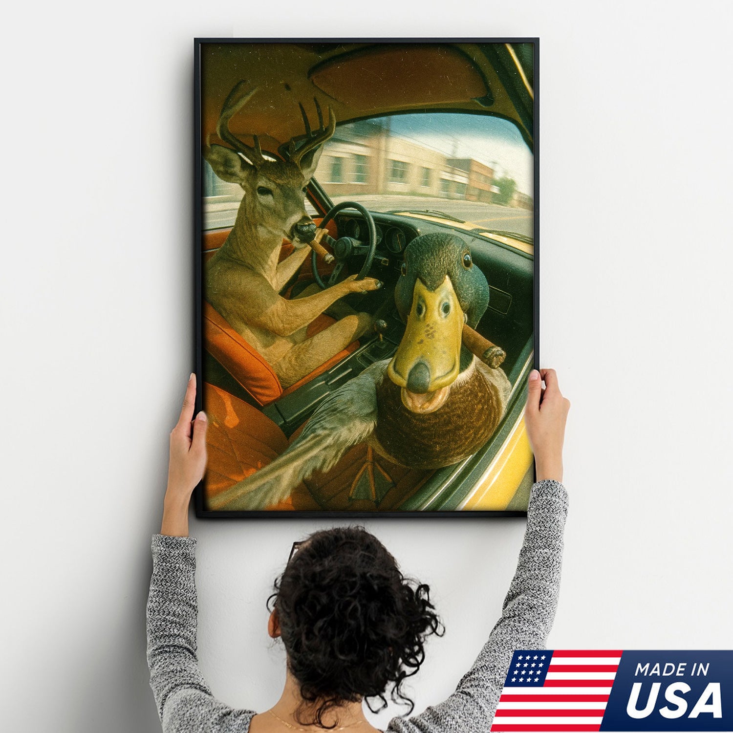 Wild Road Trip Canvas Wall Art – Deer & Duck Adventure Scene – Quirky Rustic Cabin Decor