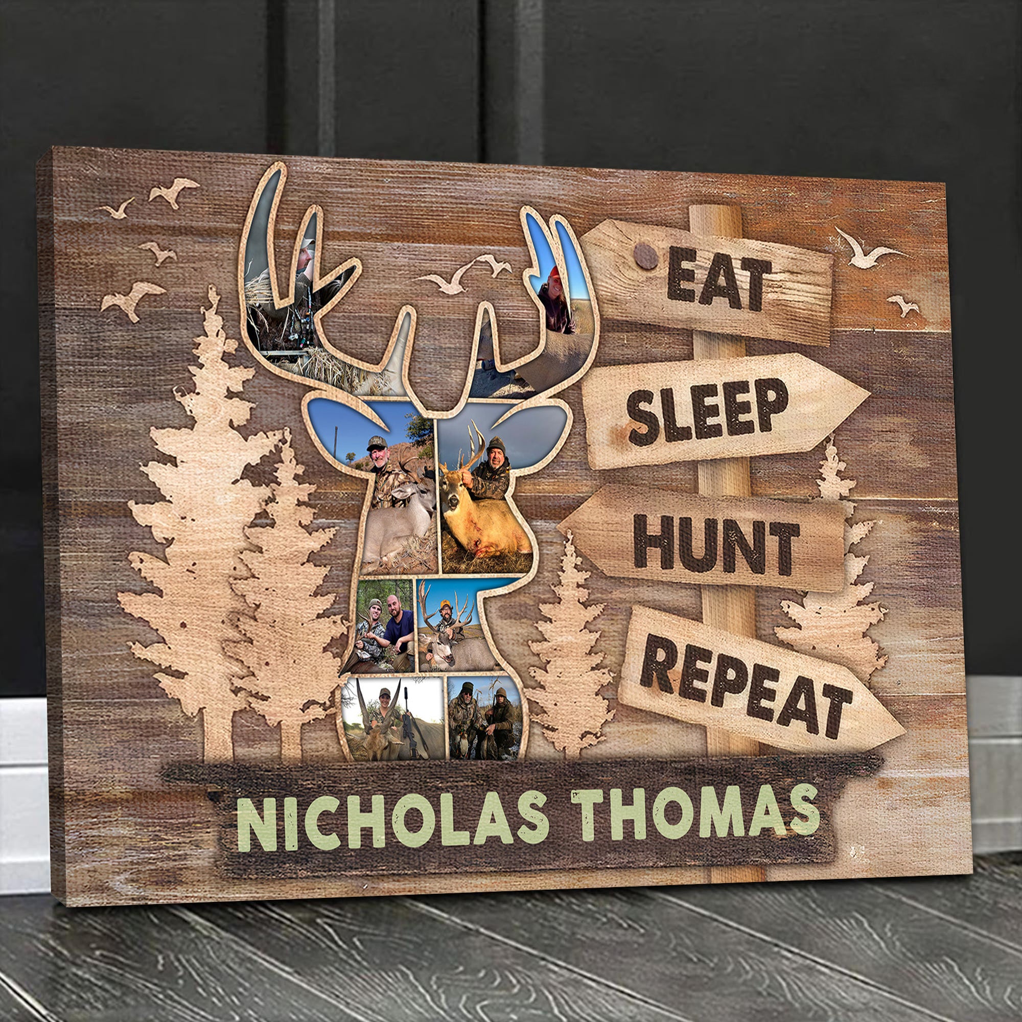 Personalized Hunting Canvas – Custom Deer Head Photo Collage Gift, Eat Sleep Hunt Repeat Wall Art for Hunters, Rustic Cabin Decor