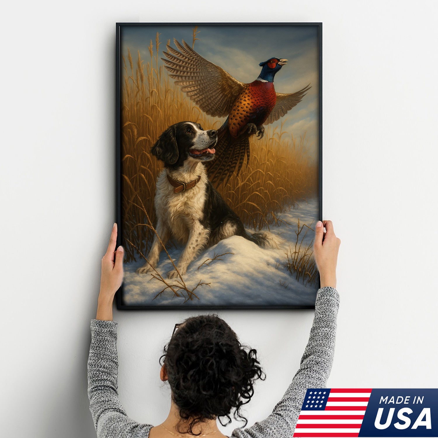 Hunting Dog & Pheasant in Winter Field Canvas – Classic Wildlife Wall Art for Lodge & Nature Decor
