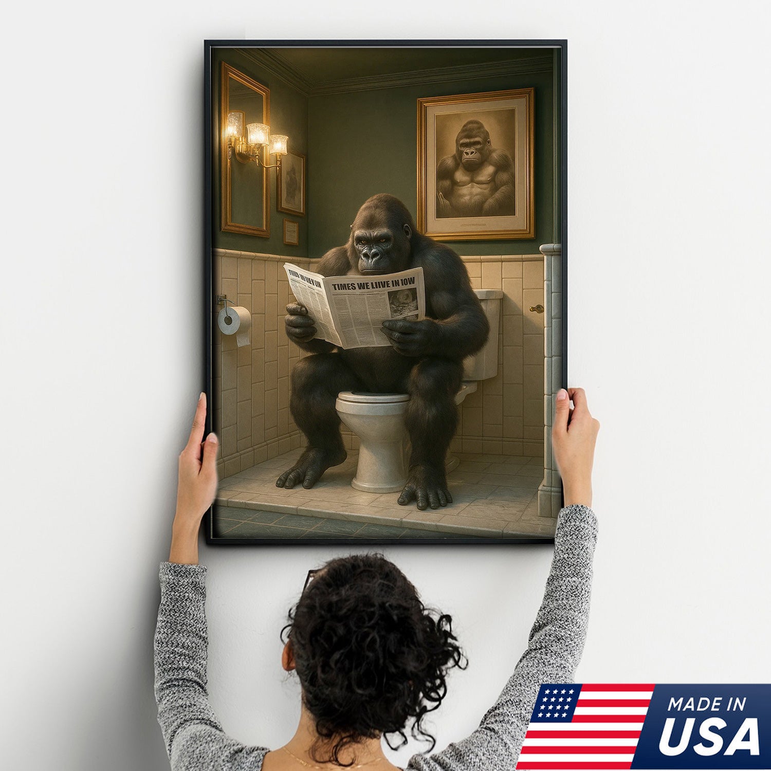 Funny Gorilla Bathroom Wall Art Canvas, Toilet Humor Decor for Men’s Restroom