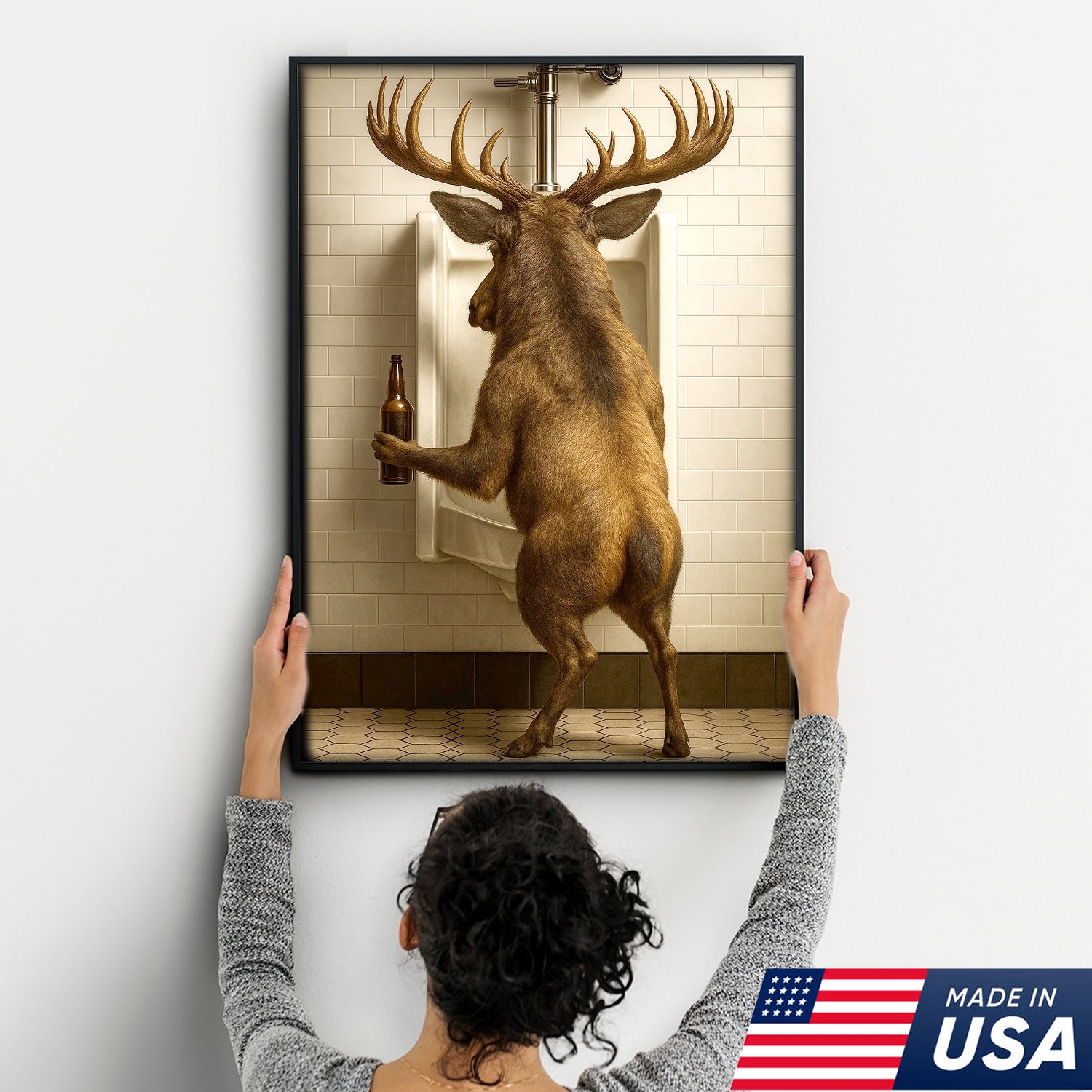 Funny Elk Canvas Wall Art - Rustic Bathroom Lodge Decor for Hunters - Unique Wildlife Cabin Print
