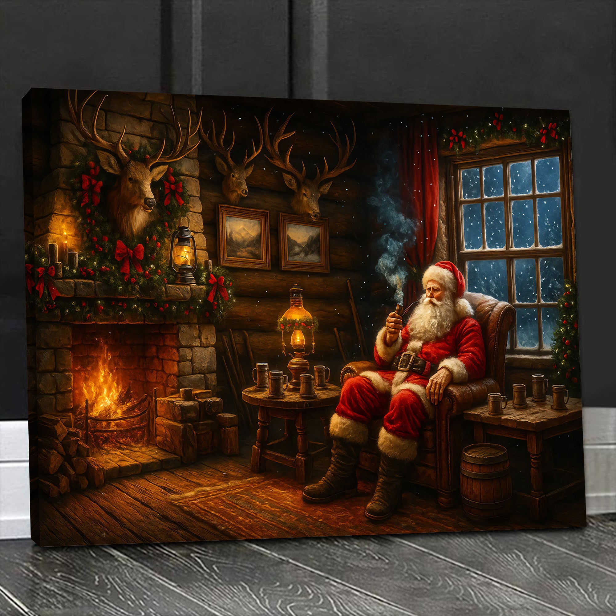 Christmas Santa Cabin Canvas Wall Art, Rustic Fireplace Holiday Decor, Cozy Farmhouse Christmas Living Room Print