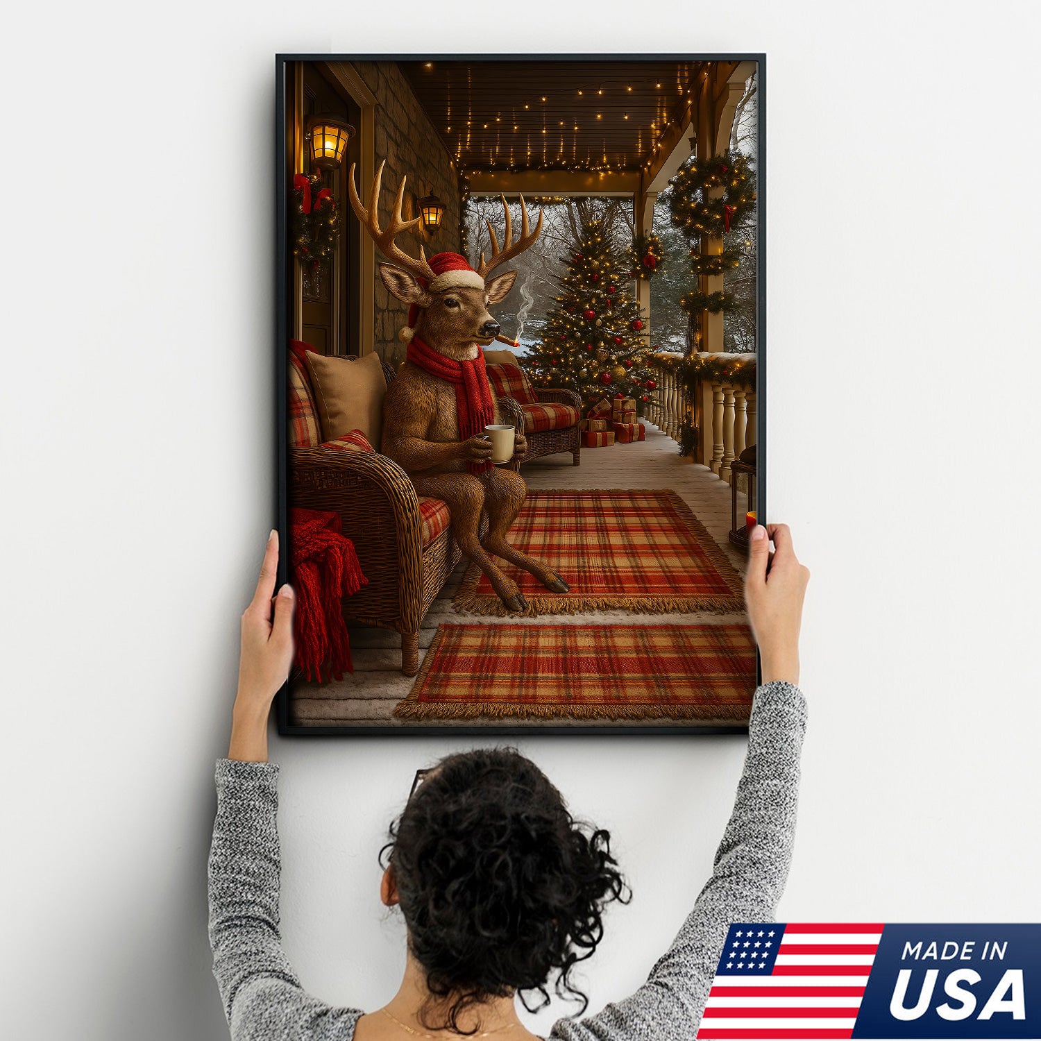 Christmas Deer Porch Canvas Wall Art, Cozy Cabin Reindeer With Scarf Holiday Print, Rustic Plaid Farmhouse Christmas Decor