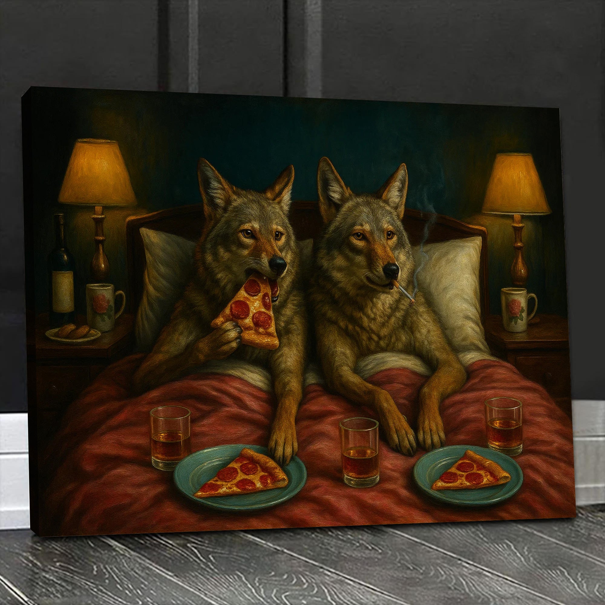 Whimsical Wolf Coyote Couple Pizza Night Canvas Wall Art – Cozy Bed Scene, Pepperoni Slice, Funny Animal Bedroom Decor