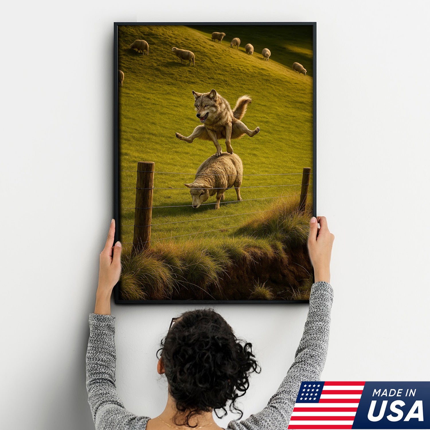 Funny Wolf and Sheep Canvas Wall Art - Hilarious Animal Jump Scene, Rustic Farmhouse Decor for Living Room & Cabin