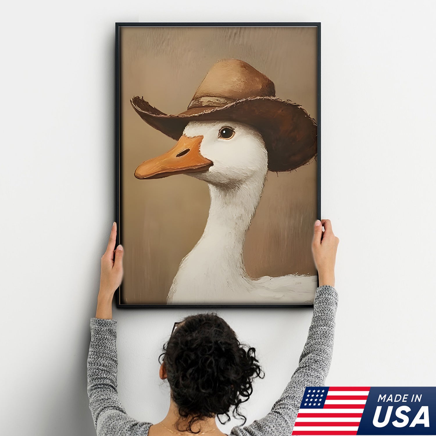 Western Farm Animal Trio Canvas Wall Art Set, Cowboy Duck Raccoon Highland Cow Portraits
