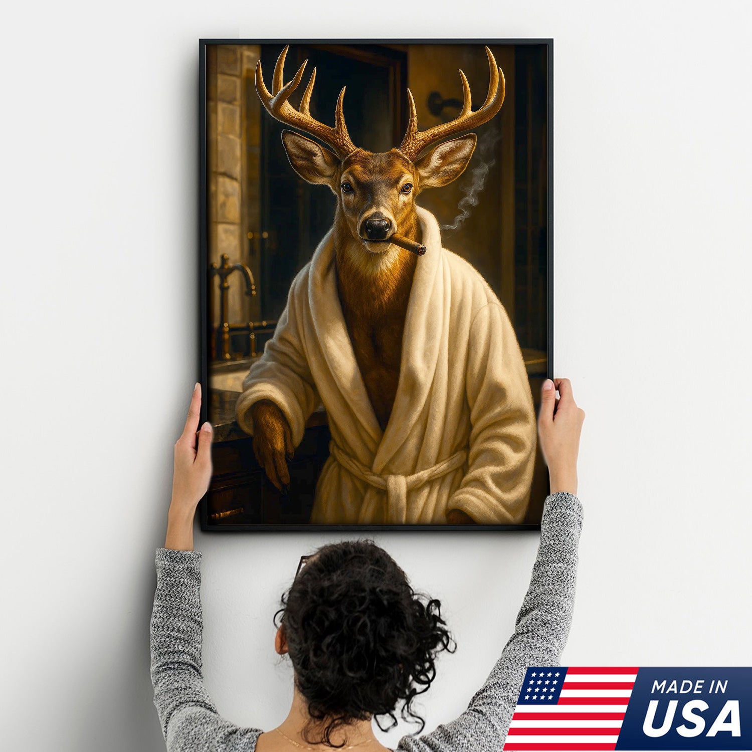 Deer Canvas Wall Art – Stylish Buck in Bathrobe Smoking Cigar Rustic Bathroom Decor for Hunters