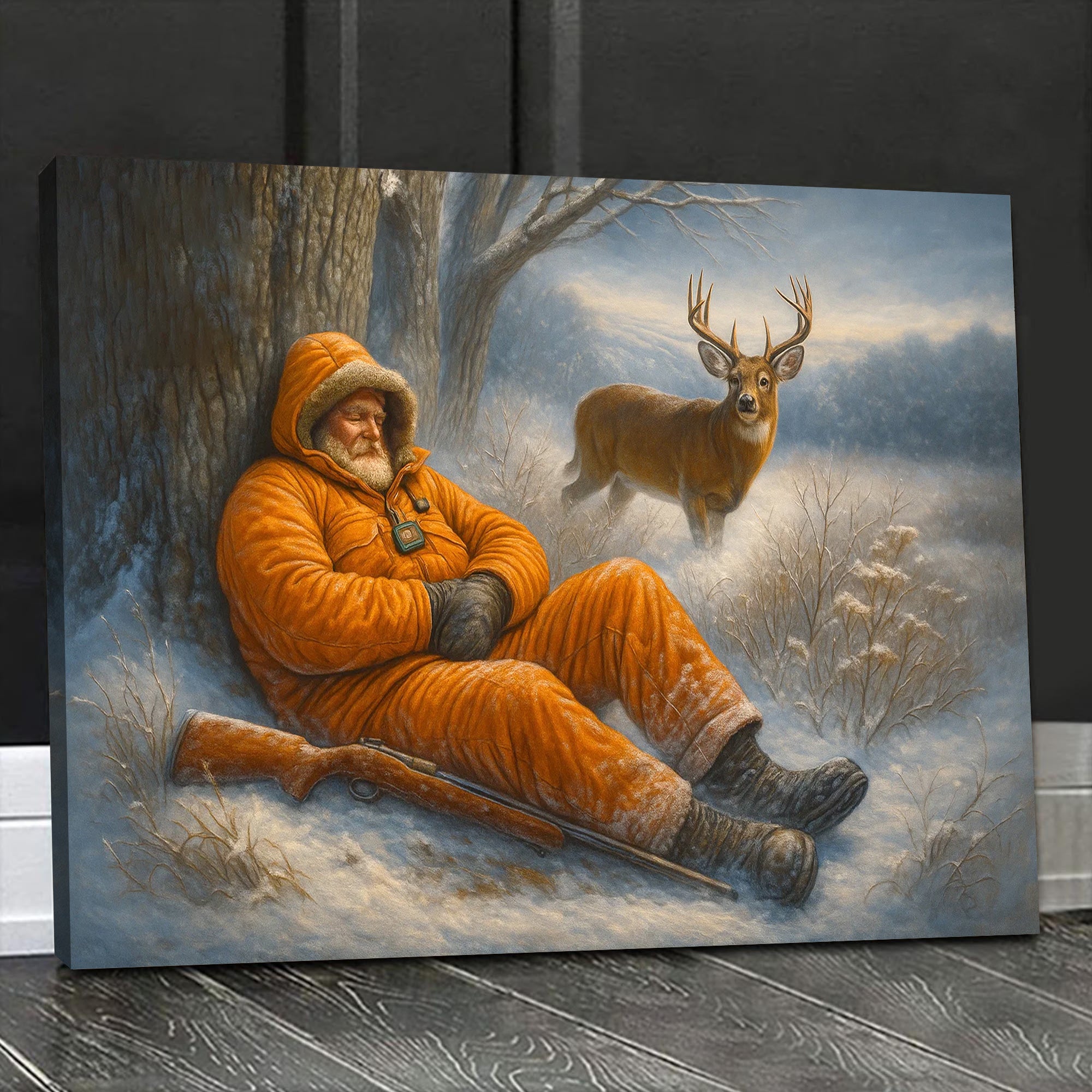 Funny Deer Hunting Canvas Wall Art - Sleeping Hunter Winter Scene - Rustic Lodge and Cabin Decor