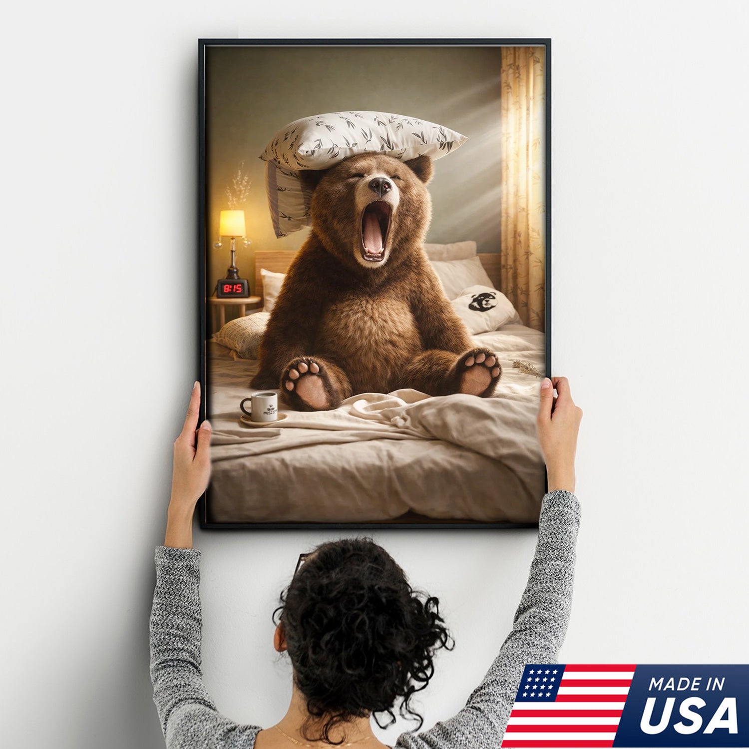 Funny Sleepy Bear Canvas Wall Art, Yawning Bear in Bed with Pillow, Cozy Bedroom Animal Art