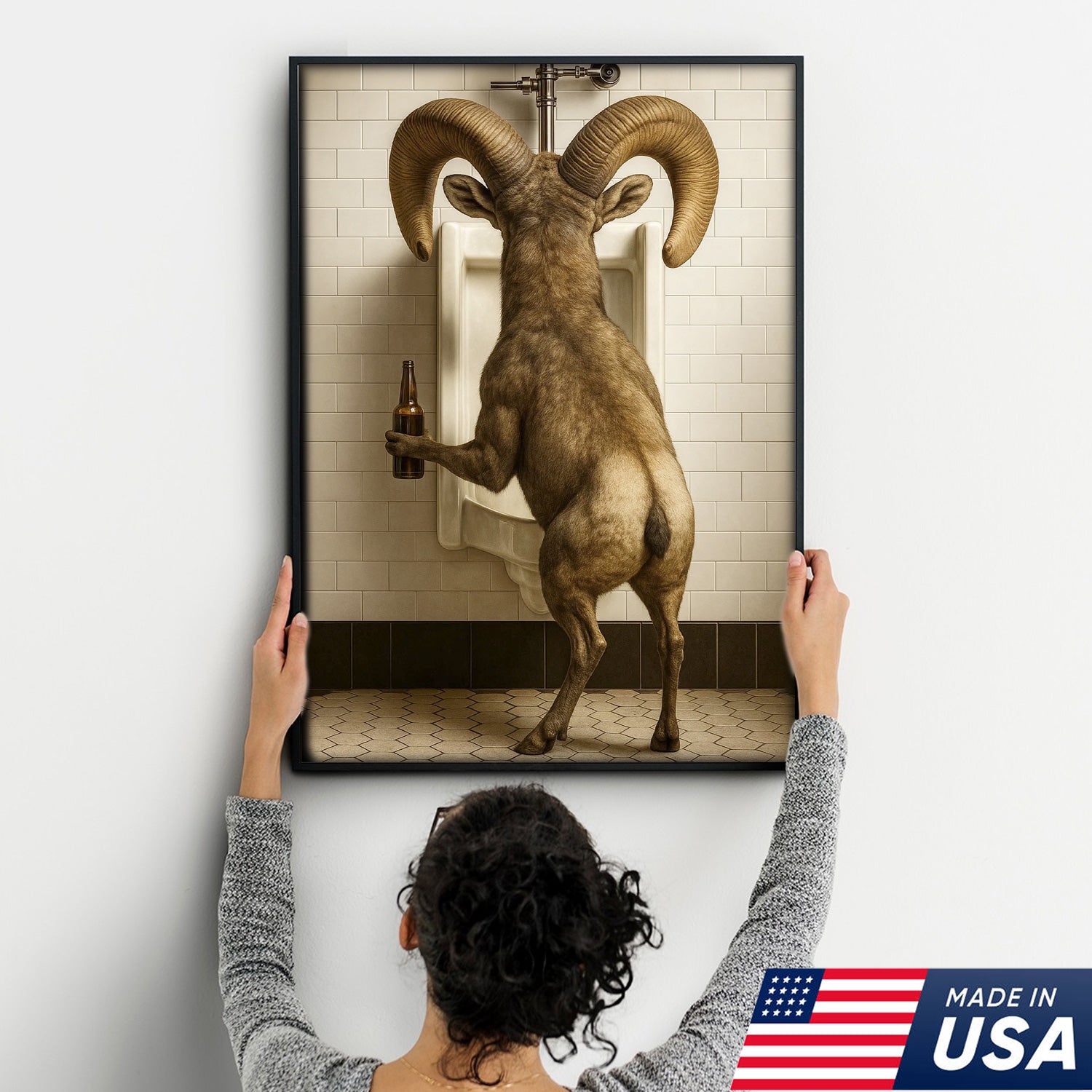 Humorous Big Horn Sheep Canvas Wall Art - Rustic Lodge Bathroom Decor for Cabin and Farmhouse - Wildlife Lover Gift