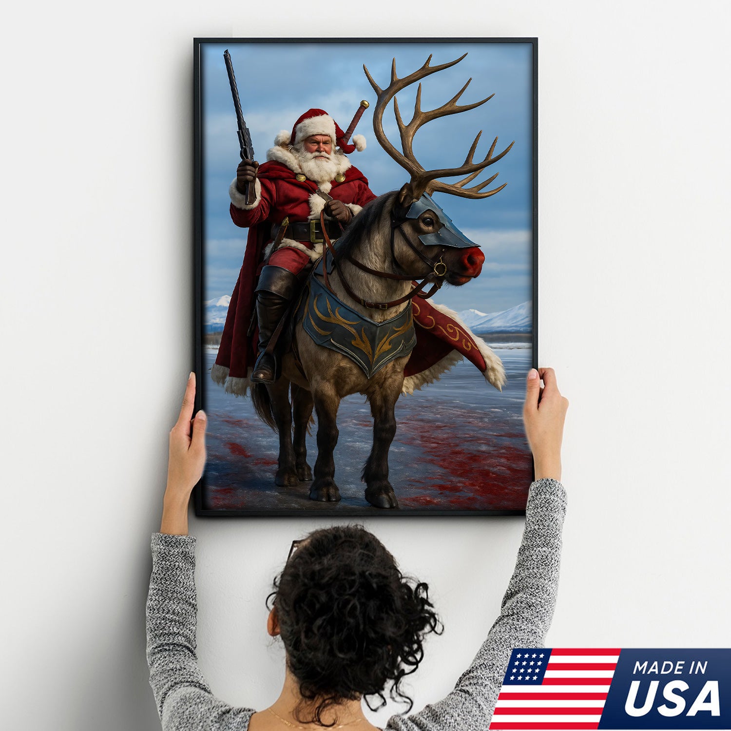 Epic Santa Riding Reindeer Canvas Wall Art, Fantasy Warrior Santa on Armored Reindeer Poster, Winter Christmas Wall Decor Print