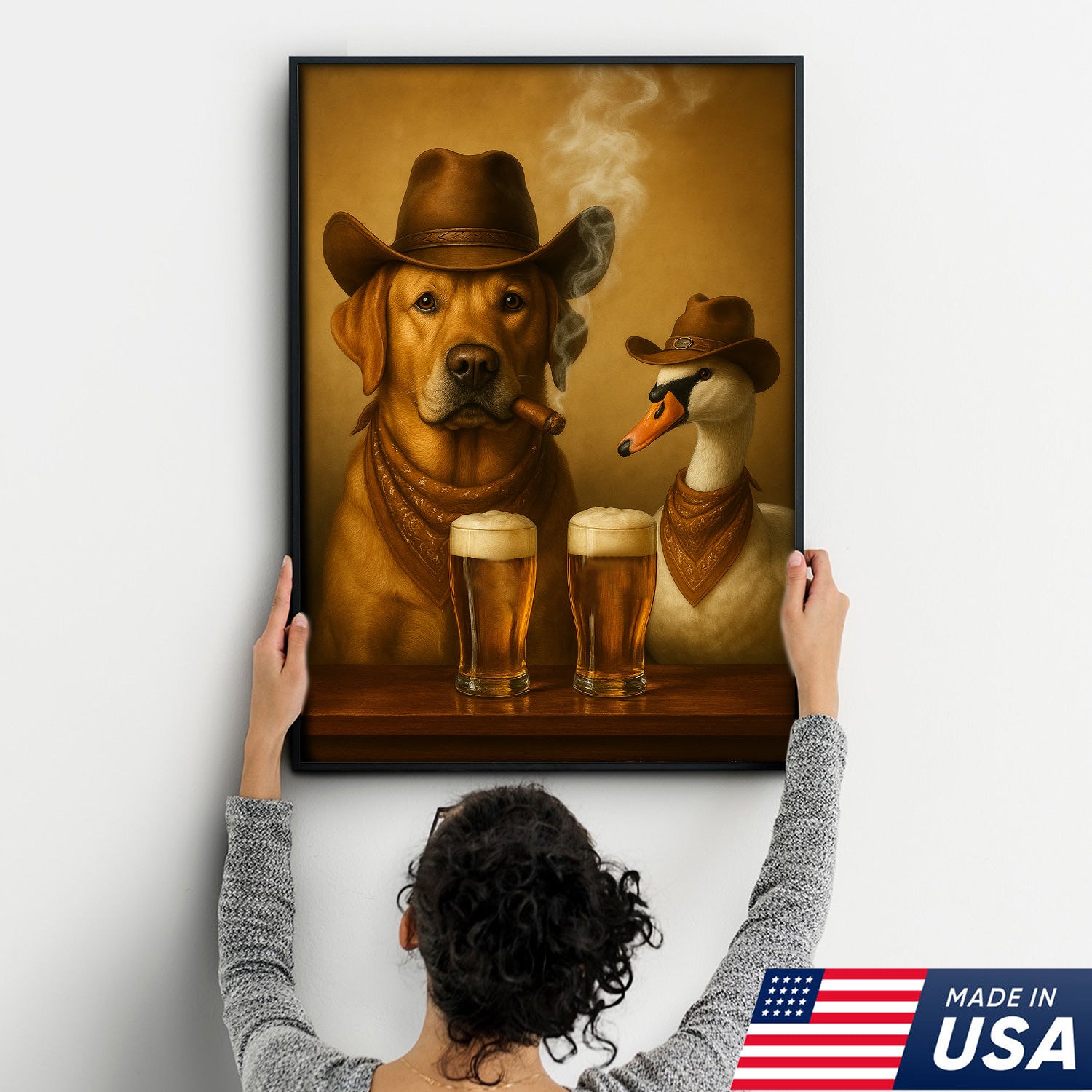 Funny Cowboy Dog & Geese Wall Art Canvas – Funny Beer & Smoking Canvas for Hunters, Cabin, Bar & Man Cave Decor