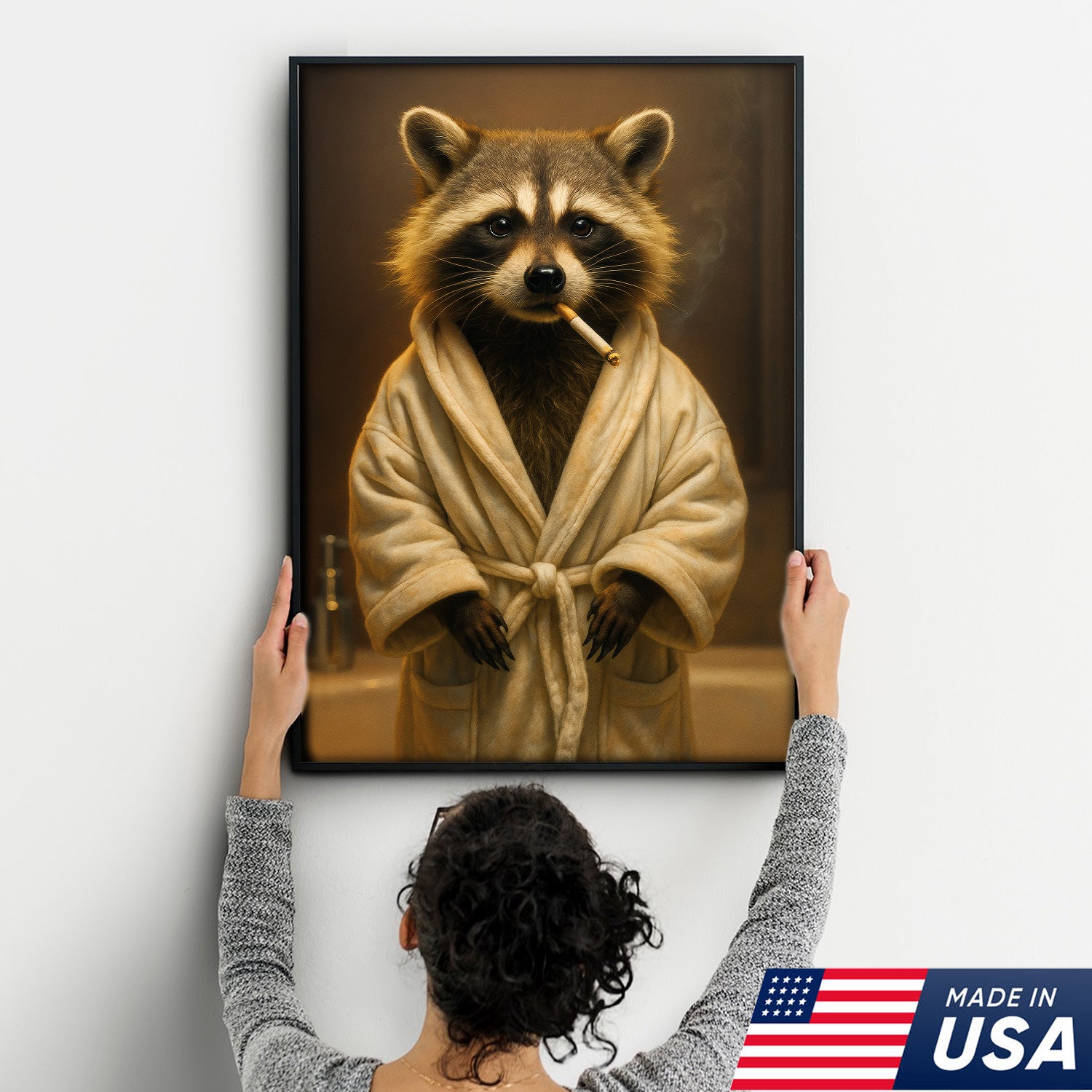 Hilarious Raccoon Bathrobe Canvas – Cozy Bathroom Humor Wall Art, Man Cave Decor