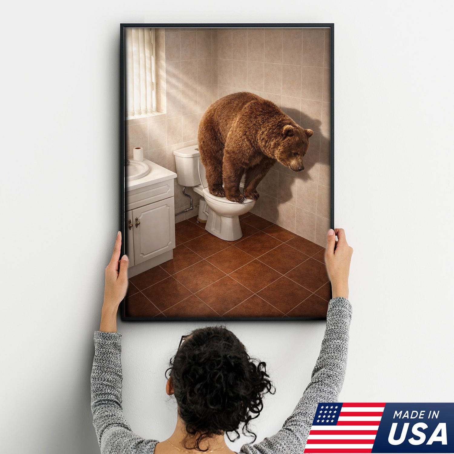 Funny Bear Toilet Canvas, Bathroom Humor Wall Art, Animal Decor