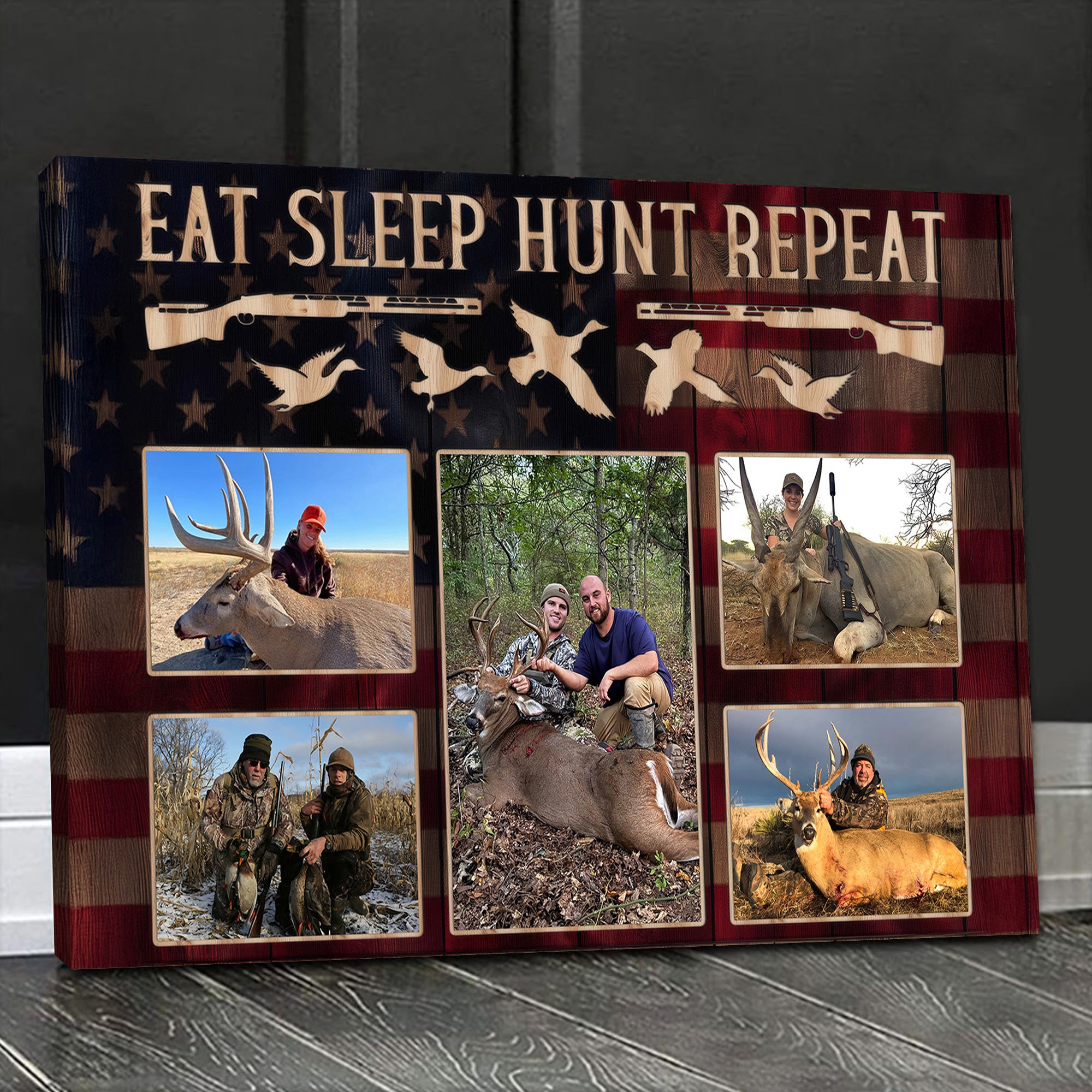 Personalized Eat Sleep Hunt Repeat Photo Collage Frame, Custom Hunting Gift for Dad, Husband & Hunters