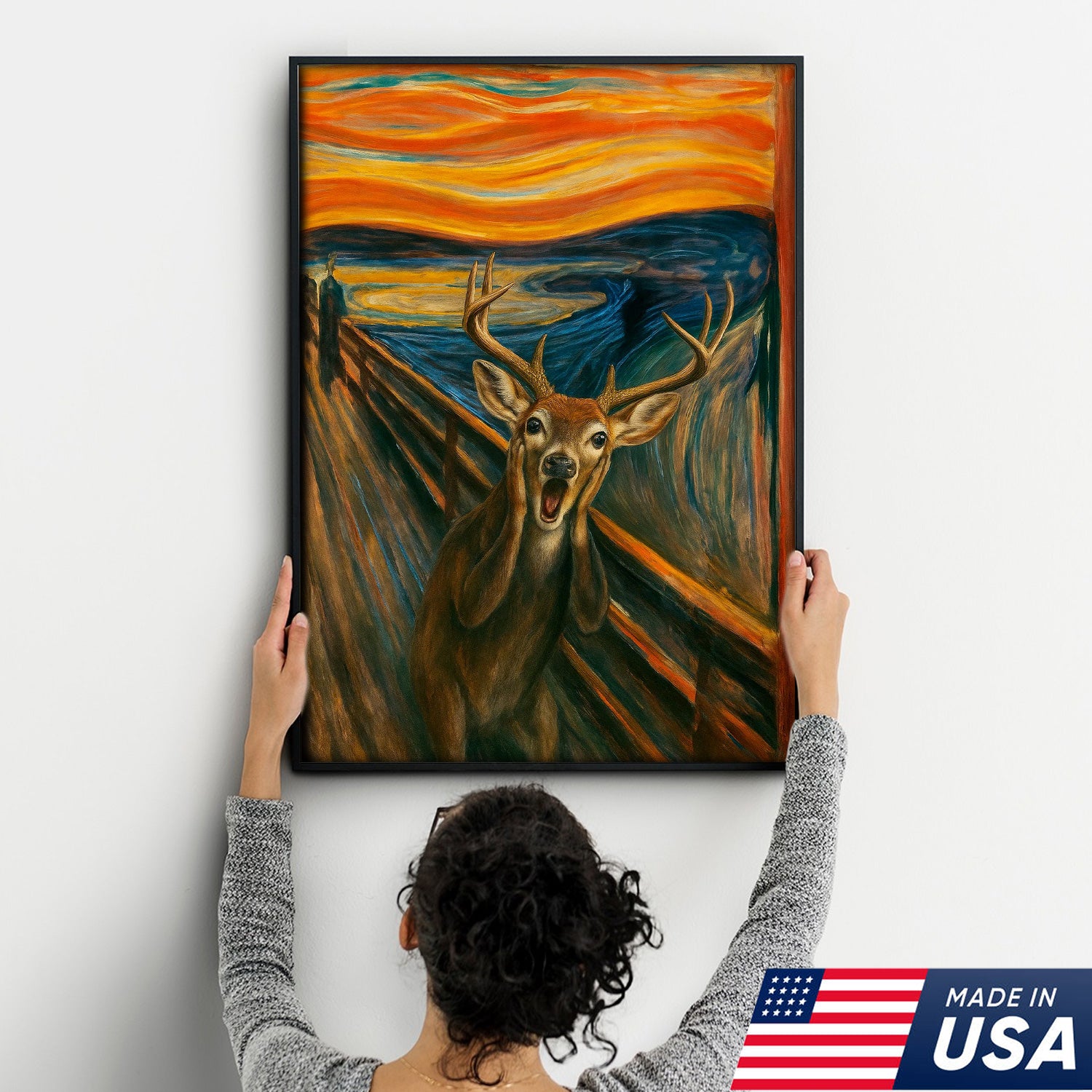 Funny Deer Wall Art Canvas – The Scream Parody Hunting Decor – Rustic Wildlife Home Decoration