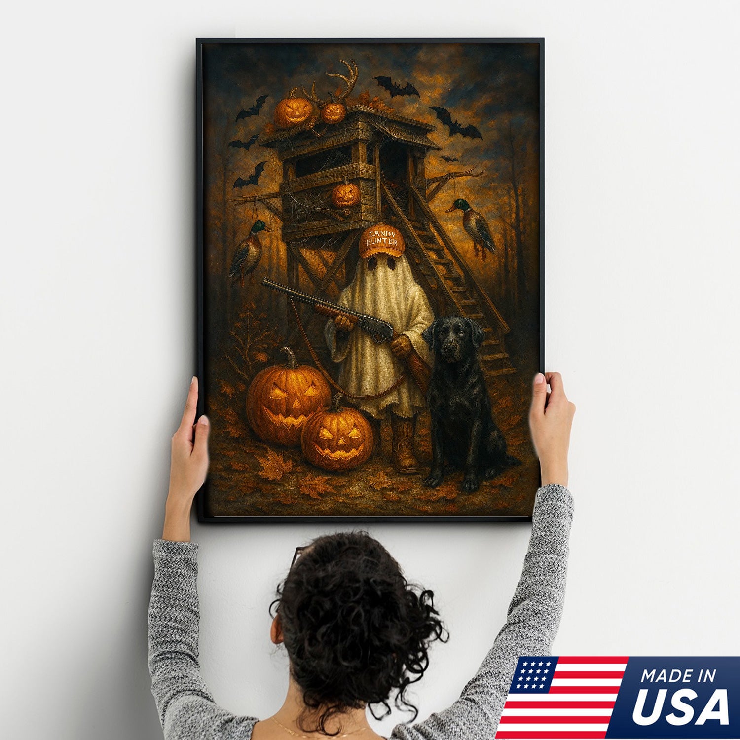 Halloween Canvas Wall Art – Ghost Hunter and Black Lab, Pumpkins, Bats and Ducks – Rustic Fall Farmhouse Hunting Decor
