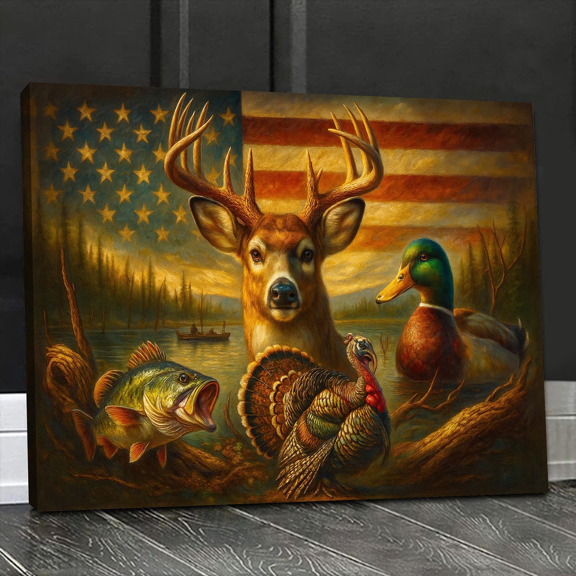 American Flag Hunting Canvas Wall Art – Whitetail Buck, Wild Turkey, Mallard Duck & Largemouth Bass – Patriotic Decor
