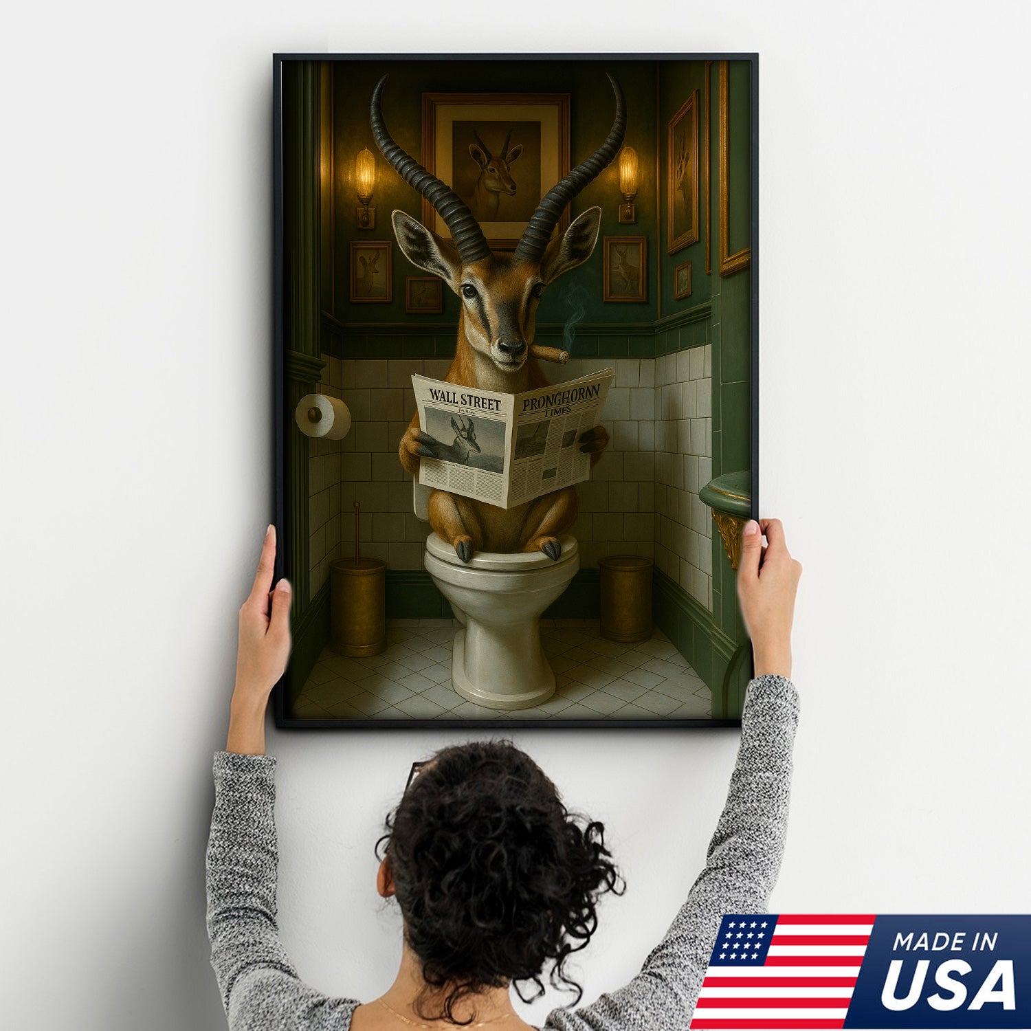 Funny Pronghorn Deer Wall Art – Hilarious Deer Hunting Bathroom Canvas for Hunters & Man Cave Decor