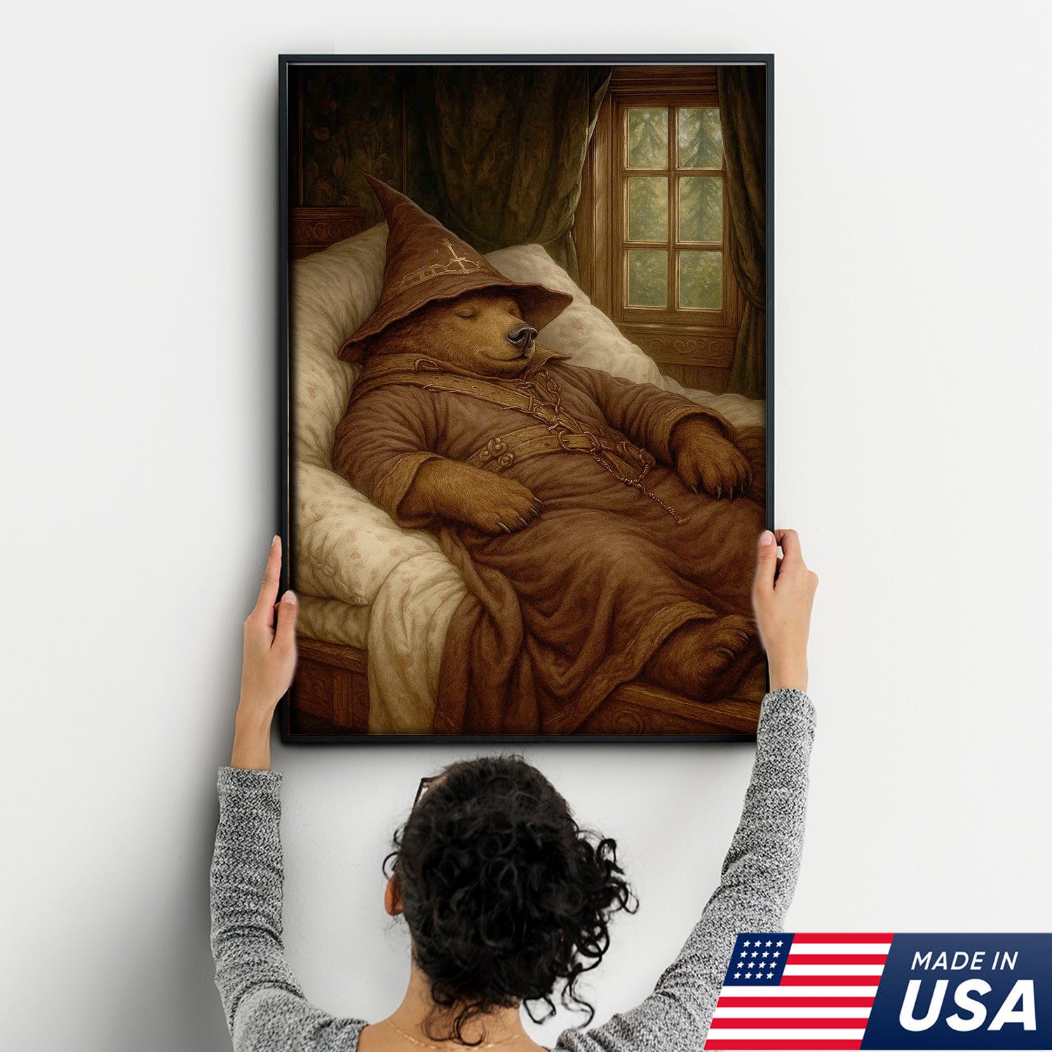 Sleeping Wizard Bear Canvas Wall Art, Cozy Fantasy Animal Poster