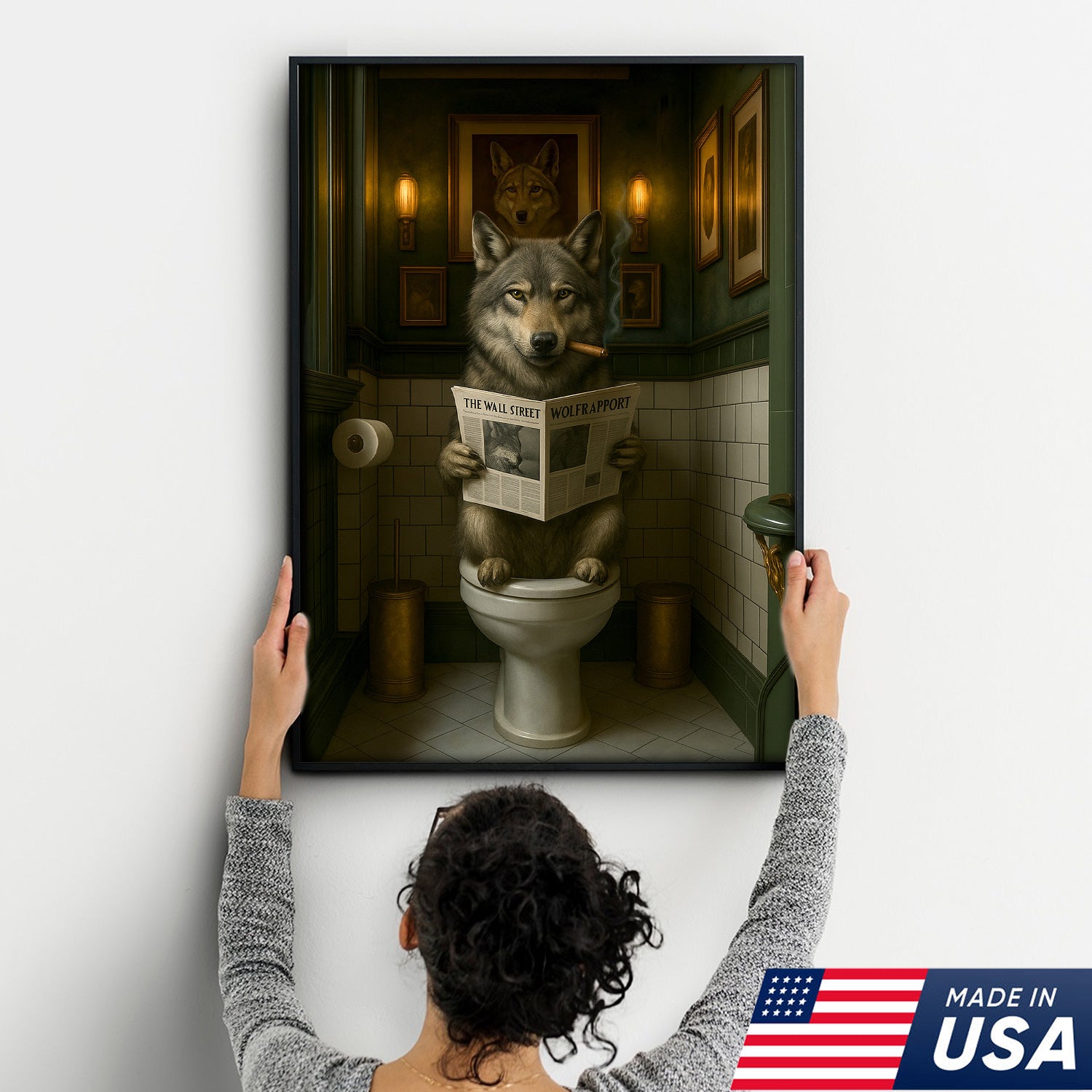 Funny Wolf Bathroom Wall Art – Rustic Hunting Cabin Toilet Humor Canvas, Man Cave Decor