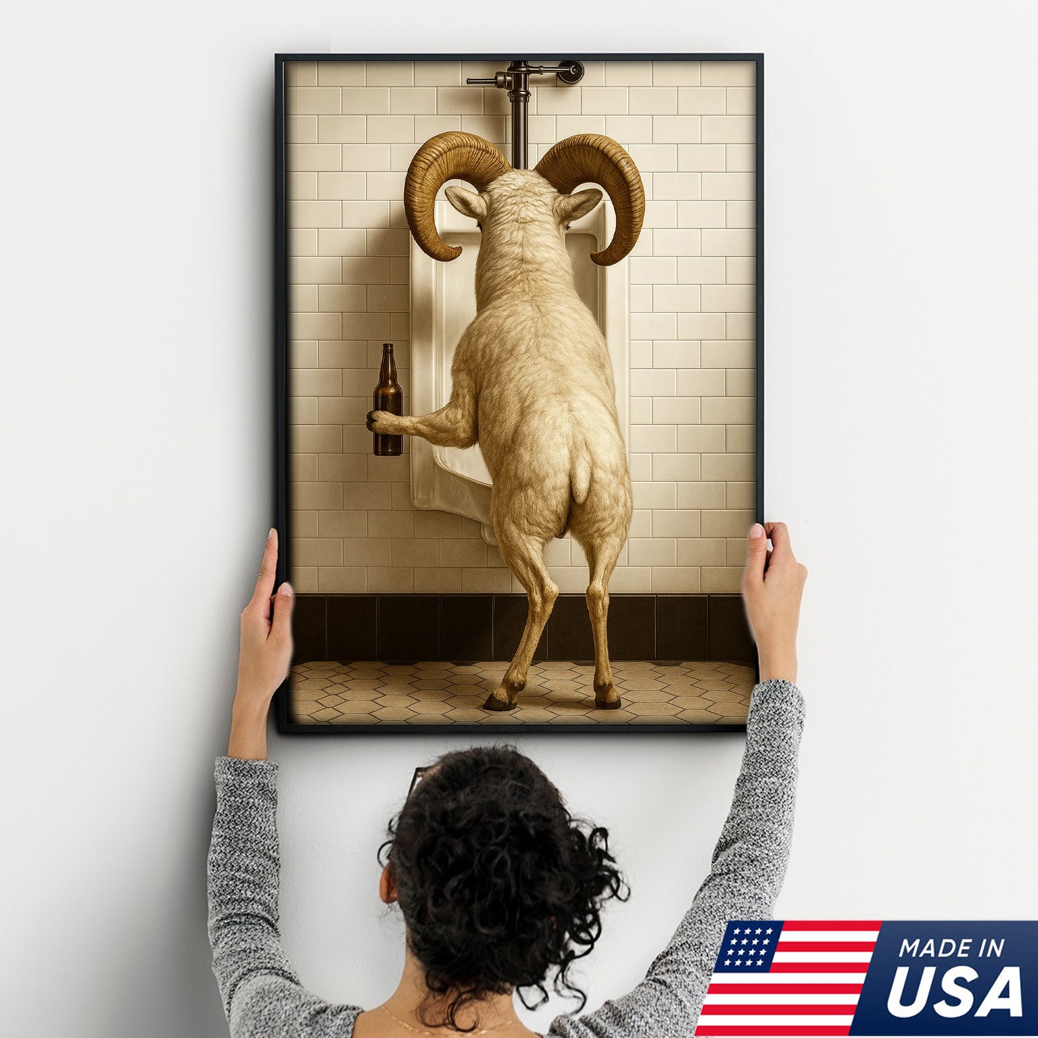 Whimsical Dall Sheep Canvas Wall Art - Funny Rustic Bathroom Decor for Cabin, Farmhouse, and Lodge - Wildlife Humor Print