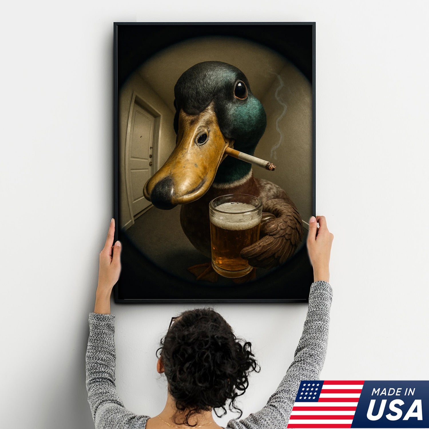Mallard Duck Fisheye Canvas Wall Art – Funny Close-Up Door Peephole Portrait with Beer Glass– Quirky Duck Wall Decor