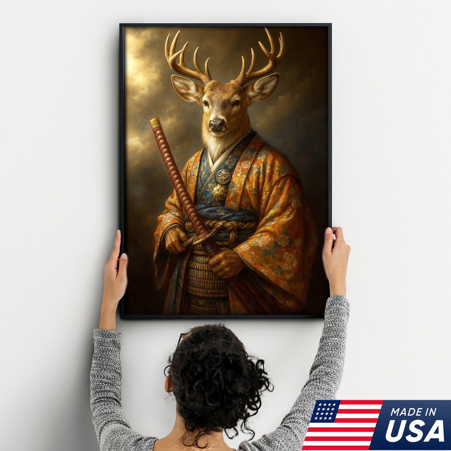 Deer Canvas Wall Art – Majestic Samurai Buck with Katana Warrior Rustic Lodge Decor