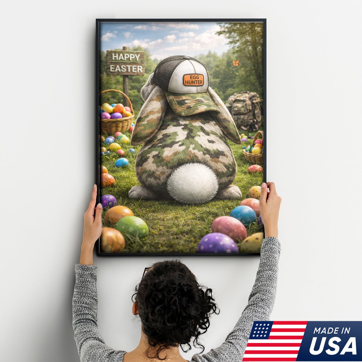 Funny Easter Bunny Hunter Canvas Wall Art, Camo Rabbit with Egg Hunter Hat