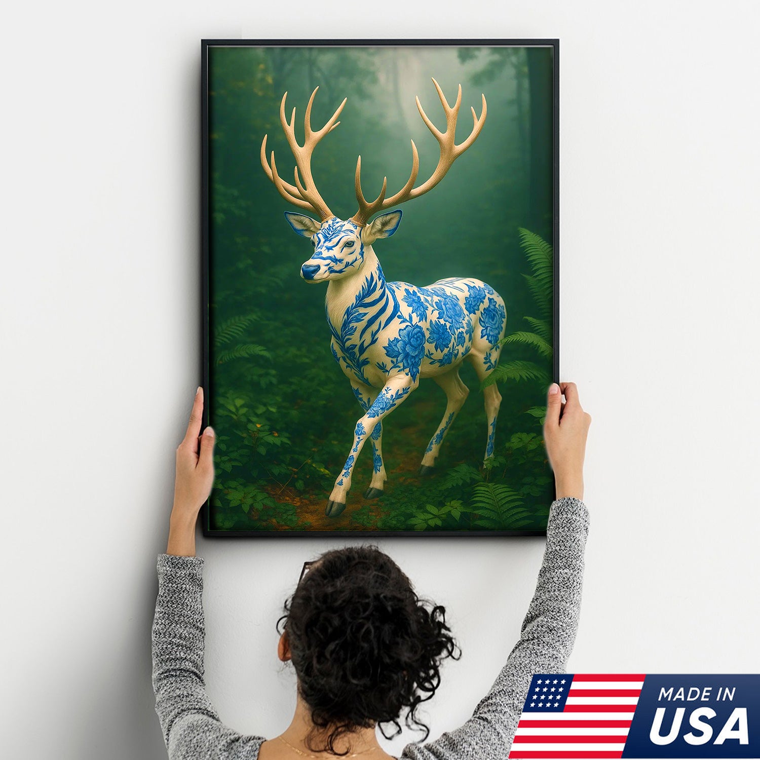 Blue Porcelain Deer Canvas, Elegant Woodland Art Print for Nature Lovers