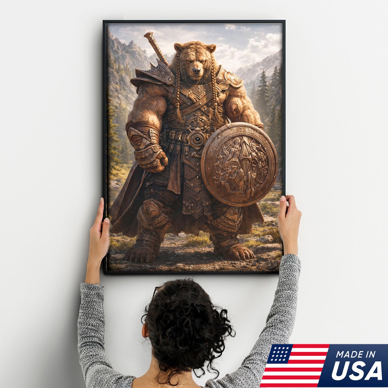 Viking Bear Warrior Canvas Wall Art – Epic Fantasy Animal Print with Sword & Shield