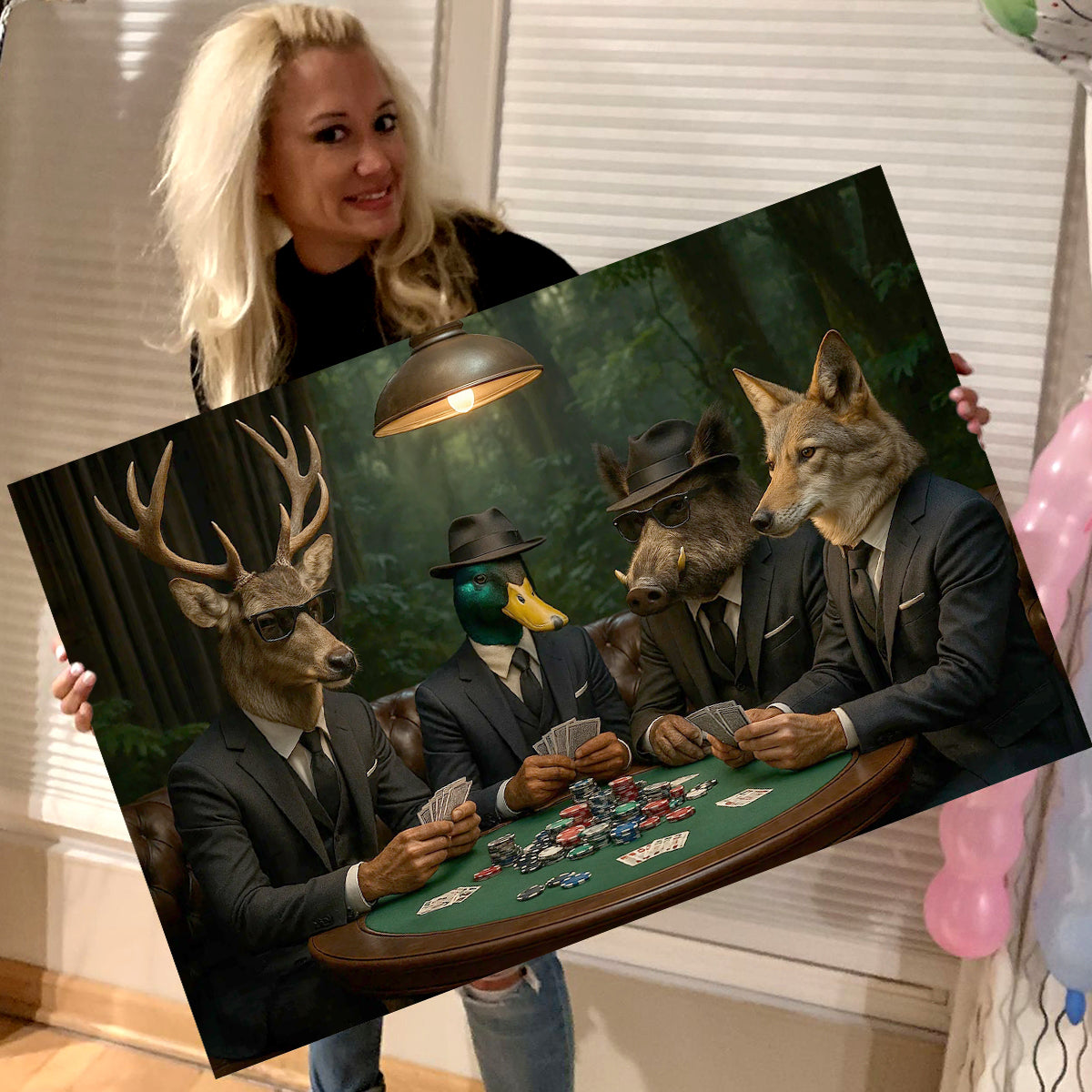 Hunter Animals Playing Poker Canvas - Deer, Duck, Boar & Coyote Poker Print – Man Cave Wall Decor