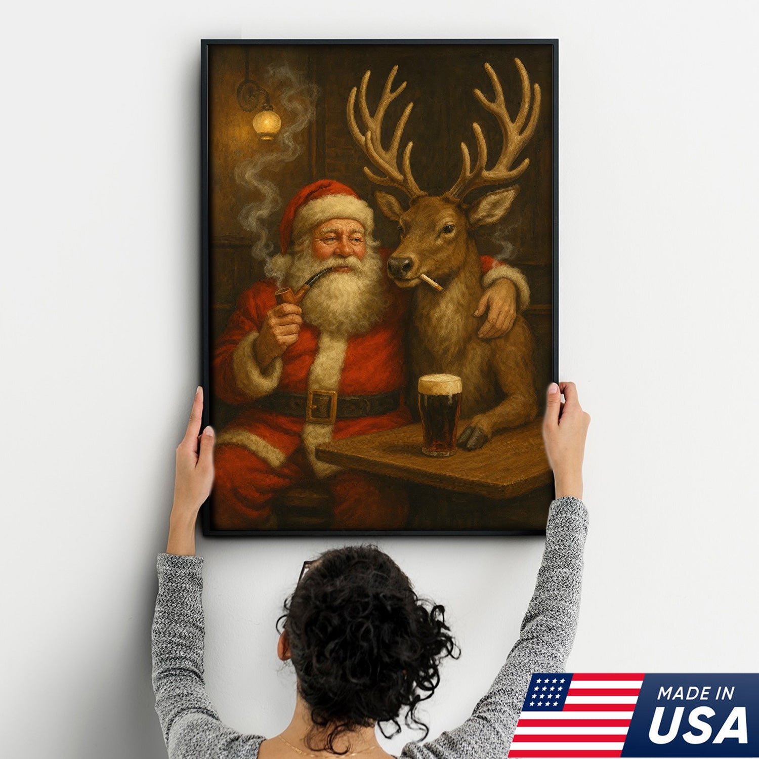 Funny Santa and Reindeer Wall Art Canvas – Rustic Christmas Lodge Decor – Holiday Deer Hunting Theme