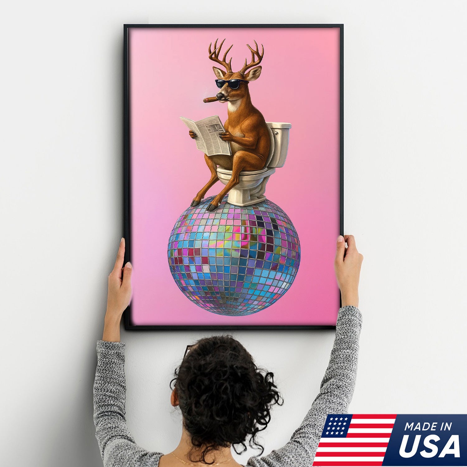 Deer Canvas Wall Art – Funny Buck Reading Newspaper on Toilet with Disco Ball Unique Bathroom Decor